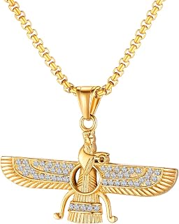 Men's 18K Gold Plated Stainless Steel Persian Zoroastrianism Farvahar Pendant Necklace Zarathustra Ahura Mazda Iran Symbol Gift Jewelry