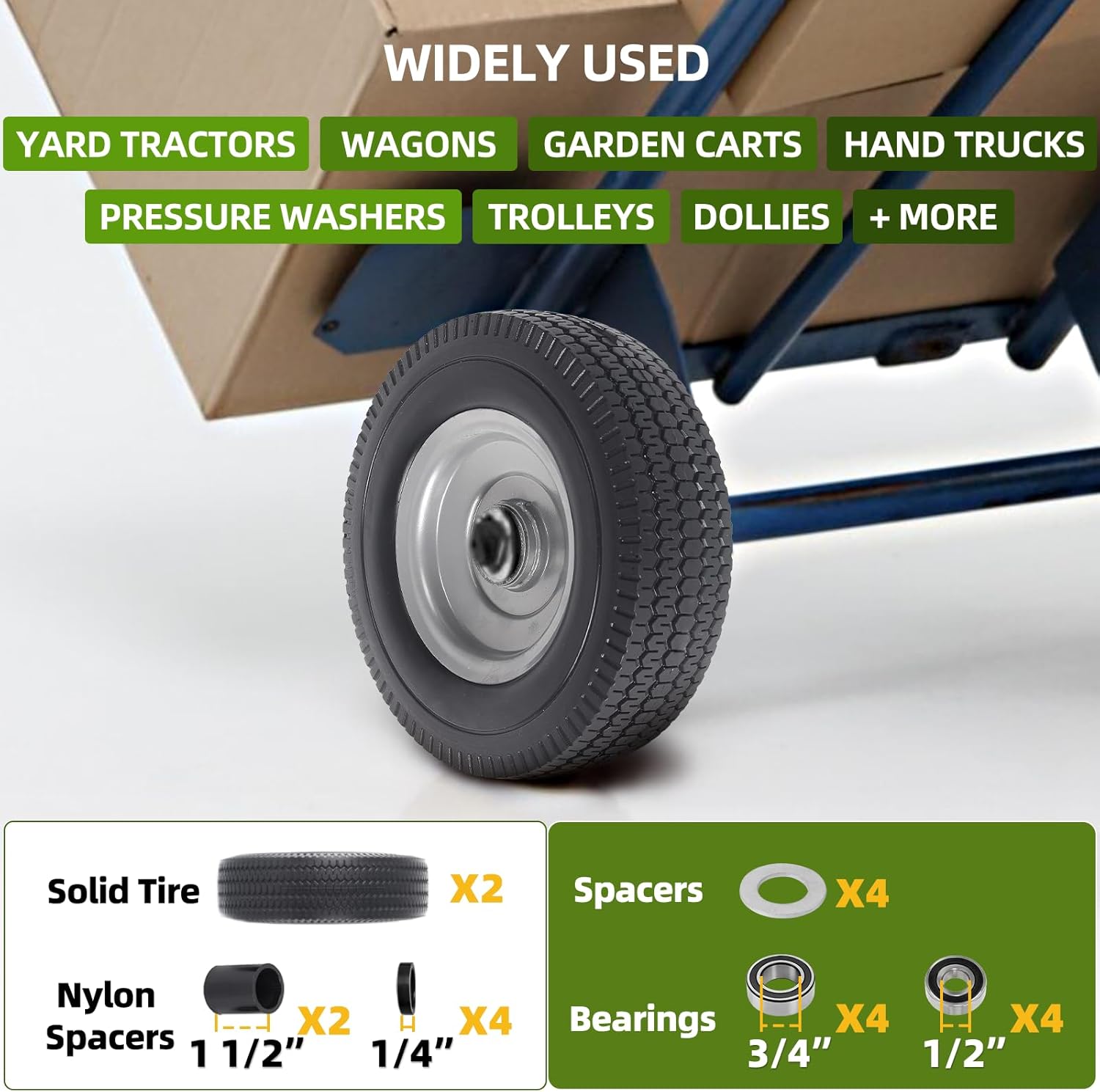 AR-PRO (2-Pack) 10-Inch Solid Wheel Replacement - 4.10/3.50-4 Flat Free Tire and Wheel with 5/8 extra 3/4 &1/2 Bearings and 2.25" Offset Hub - Compatible with Hand Truck, Generator, Gorilla Carts