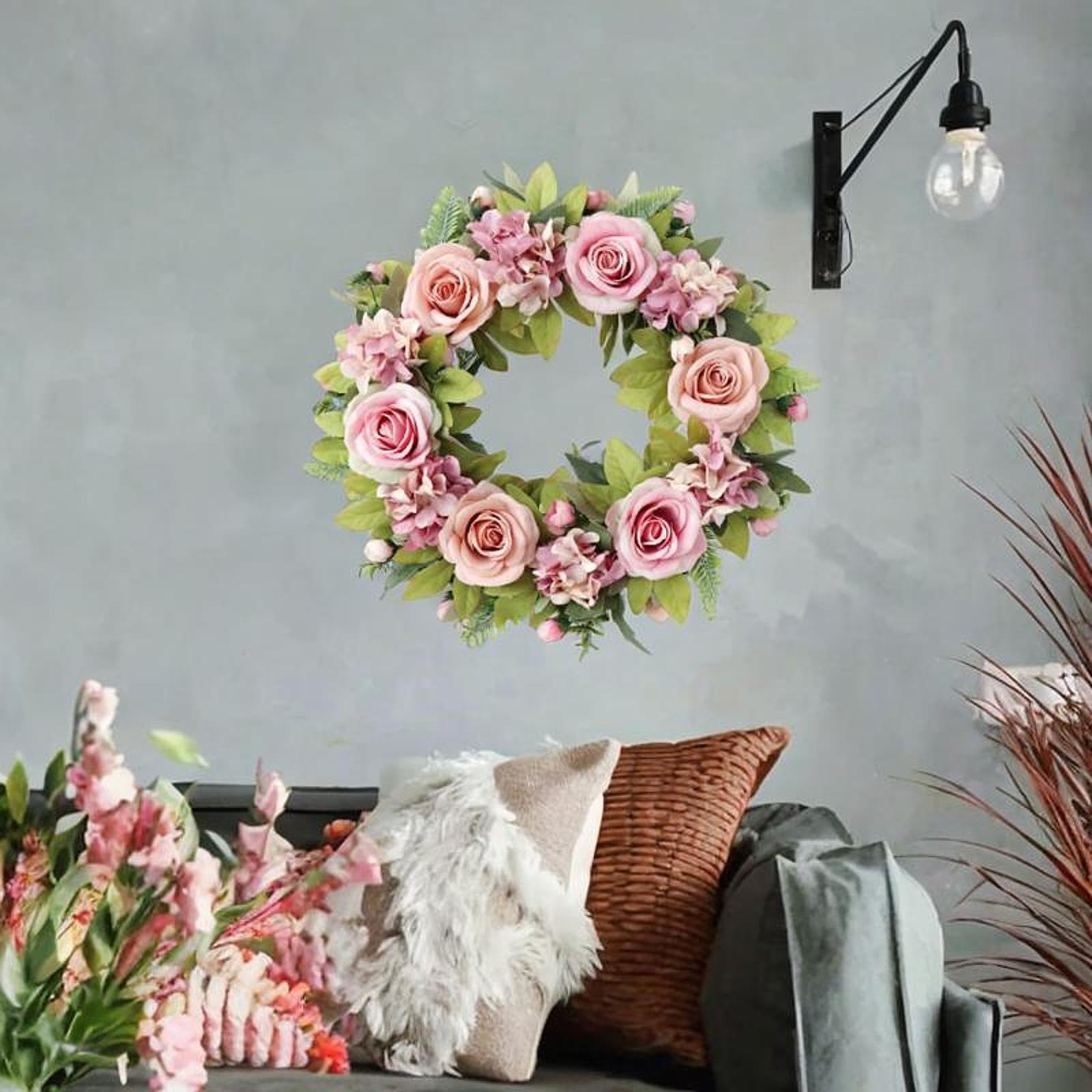Ghirlanda Primaverile, Ghirlanda di Fiori Artificiali, Ornamento Rustico per La Casa, Ghirlanda per, Festa, 45 Cm, Esterno, Hotel, Rosa