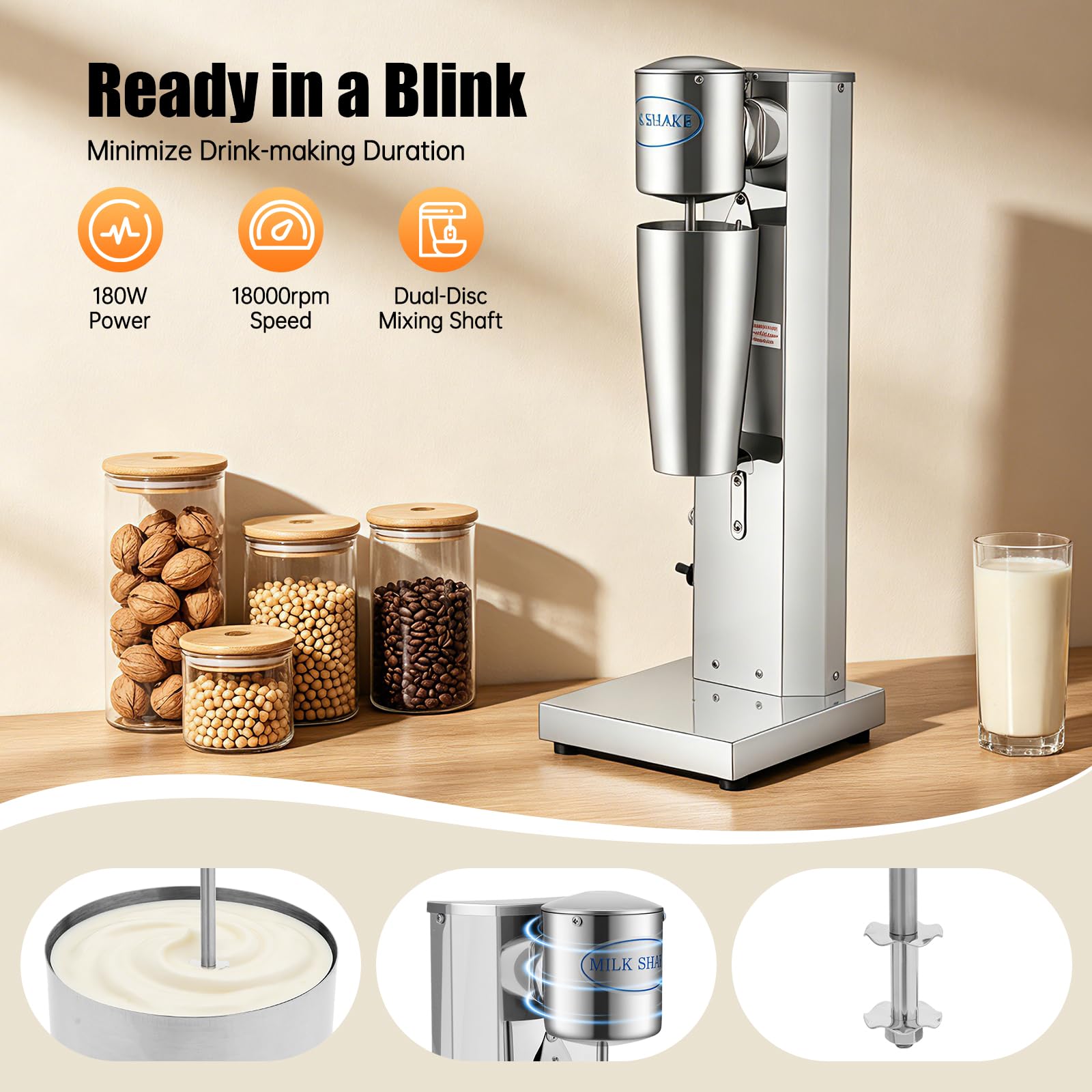 Giles & Posner Milkshake Maker Elektrische Drankenmaker Met 500ml RVS Beker 2 Snelheden Voor Ijskoffie Cocktails Milkshakes Melkopschuimen Matroze 100w 3555775073