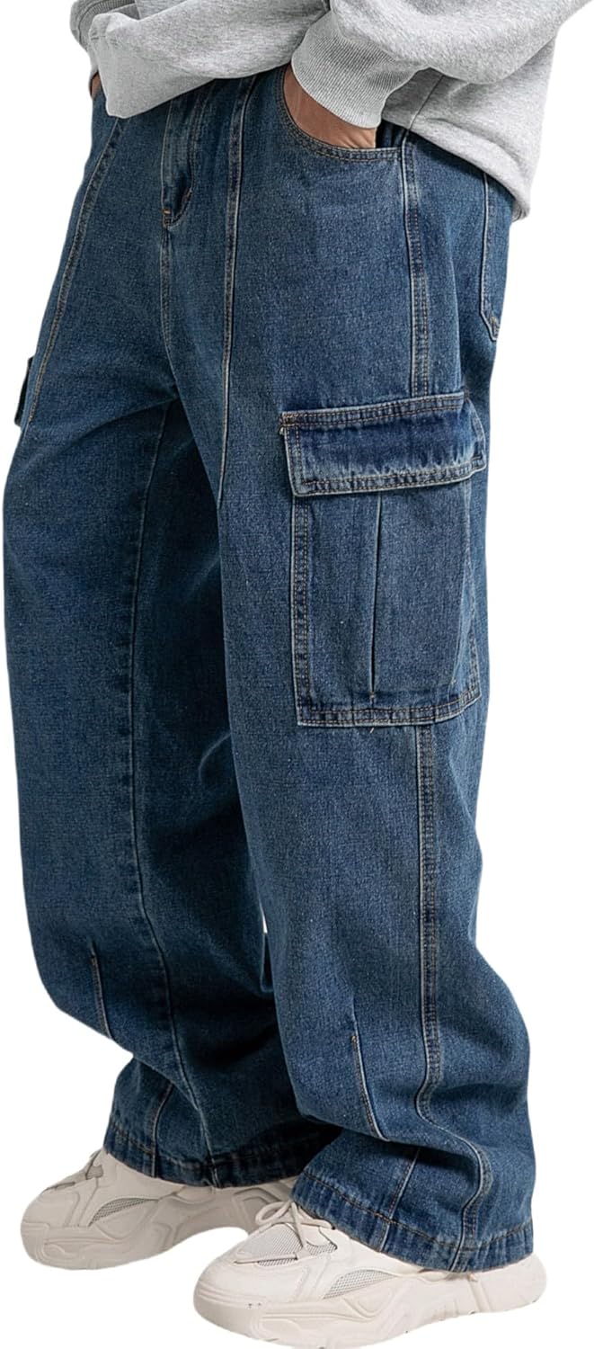 Mens Baggy Jeans for Men Women Y2k Skater Vintage Plain Pants Multiple Pockets Casual Wide Leg Loose Fit Cargo Denim Jeans