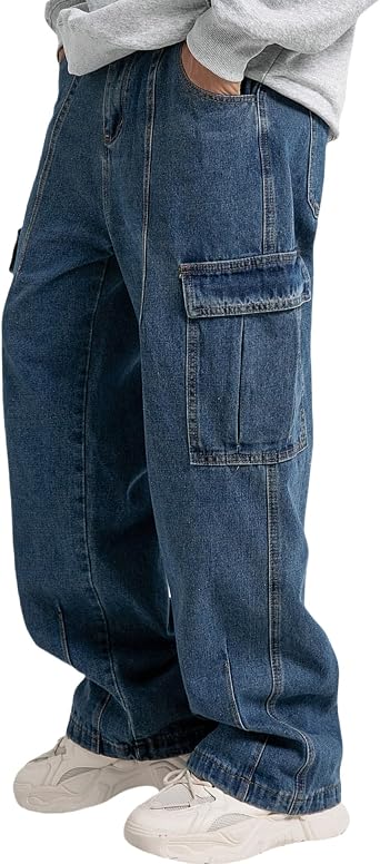 Mens Baggy Jeans for Men Women Y2k Skater Vintage Plain Pants Multiple Pockets Casual Wide Leg Loose Fit Cargo Denim Jeans