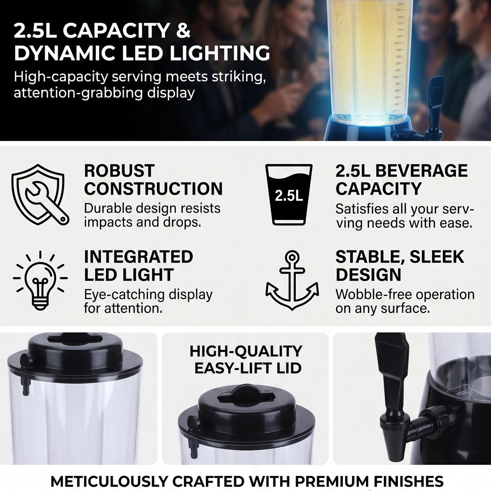 Yosoo Health Gear Bier Turm Getränkespender, 2,5L mit LED Eisröhre (BLACK)