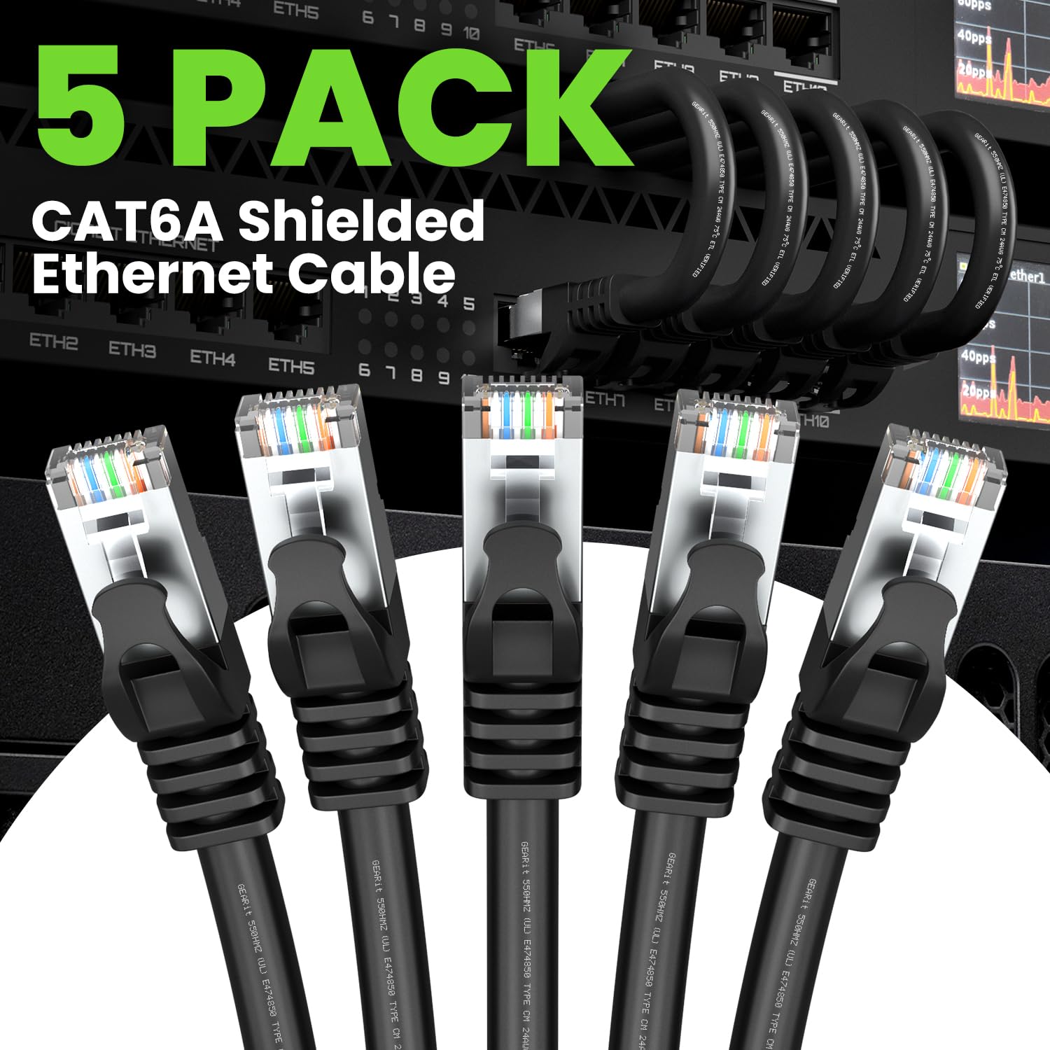 GearIT Cavo Ethernet Cat6A (4,3 m, confezione da 5, nero) 10 Gbps schermato SSTP, cavo Ethernet schermato SFTP, cavo Ethernet schermato SFTP da 26 AWG, 4 paia di cavi Cat6 in rame nudo, cavo di rete