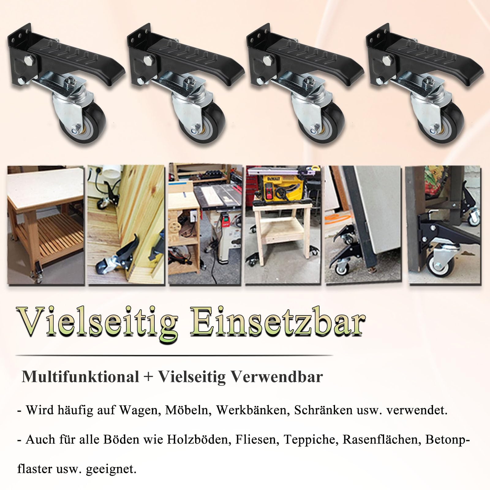 4 Stück Möbelrollen | Schwerlastrollen Mit Bremse | 360° Drehung Transportrollen | Lenkrollen Bis 200kg | Rollen Für Möbel, Werkbank, Maschinen, Tische - Multi Mounting Optionen