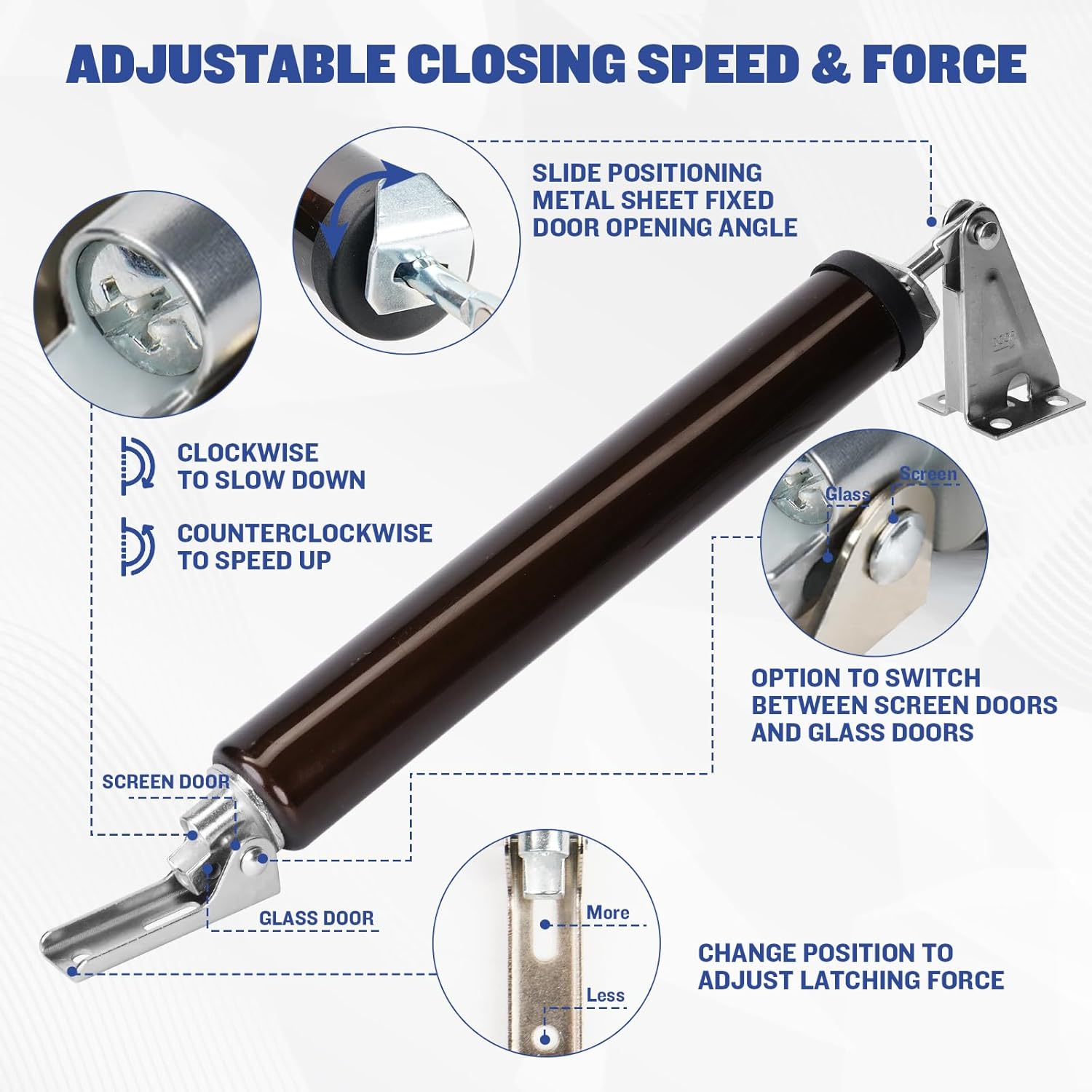 SOPHIA Screen Door Closer, Storm Door Closer Heavy Duty with Hold Open, Pneumatic Door Closers for Home with Adjustable Speed & Quiet Close, Door Frame Mount (Push Side), Full 90 Degree, Brown