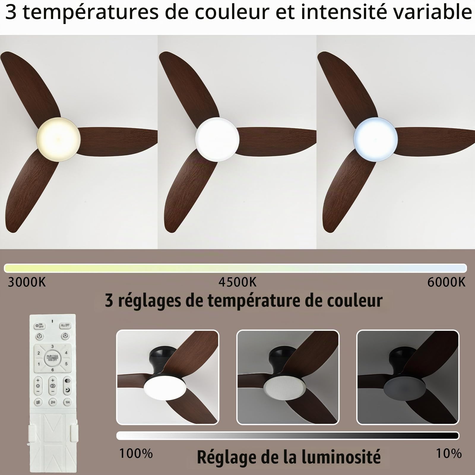 Grande Plafonnier Ventilateur de Plafond Salon Dimmable Télécommande LED Lustre Ventilateur De Plafond Réversible Silencieux Dc Lumiere Ventilateur Plafond 6 Vitesses Smart Pour Chambre