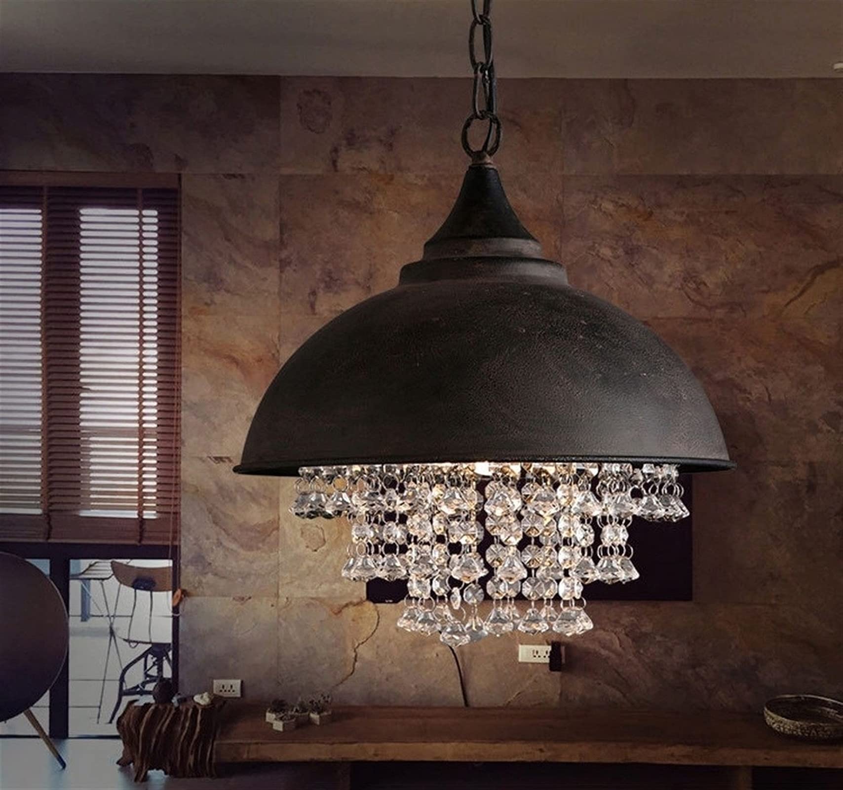 HELCEKOU American Retro Industrial Style Crystal Pendant Lights Loft Iron Pot Lid Decorative Chandelier Bar Cafe Restaurant E27 Ceiling Lamp Lighting Interesting