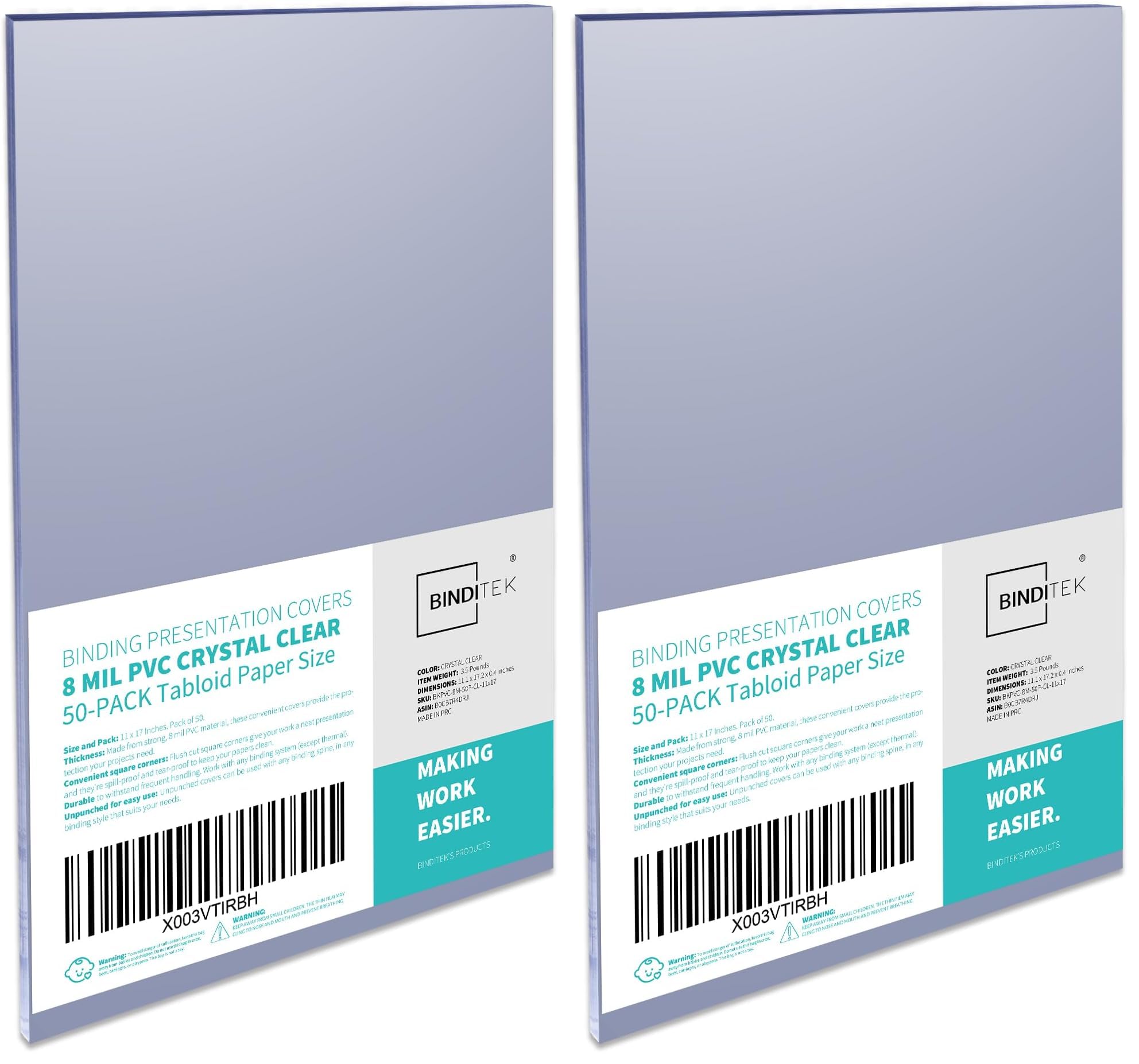 Binditek 8 Mil PVC Binding Covers, 11 x 17 Inches, Clear, 100 Pack