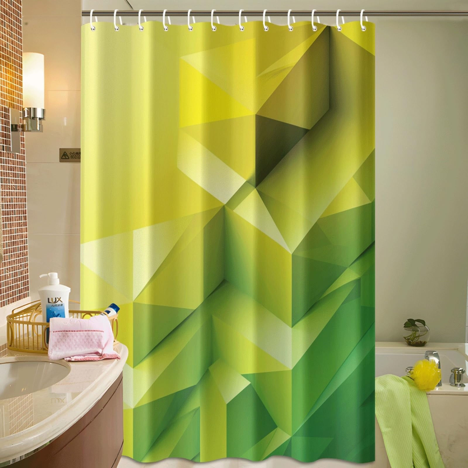 Cortina de Ducha Geométrico Verde Cortina Baño Antimoho Impermeable Tela Poliéster Lavable para Familiar Bañera Dormitorio Hotel Reutilizable Cortinas Ducha (180x220cm)