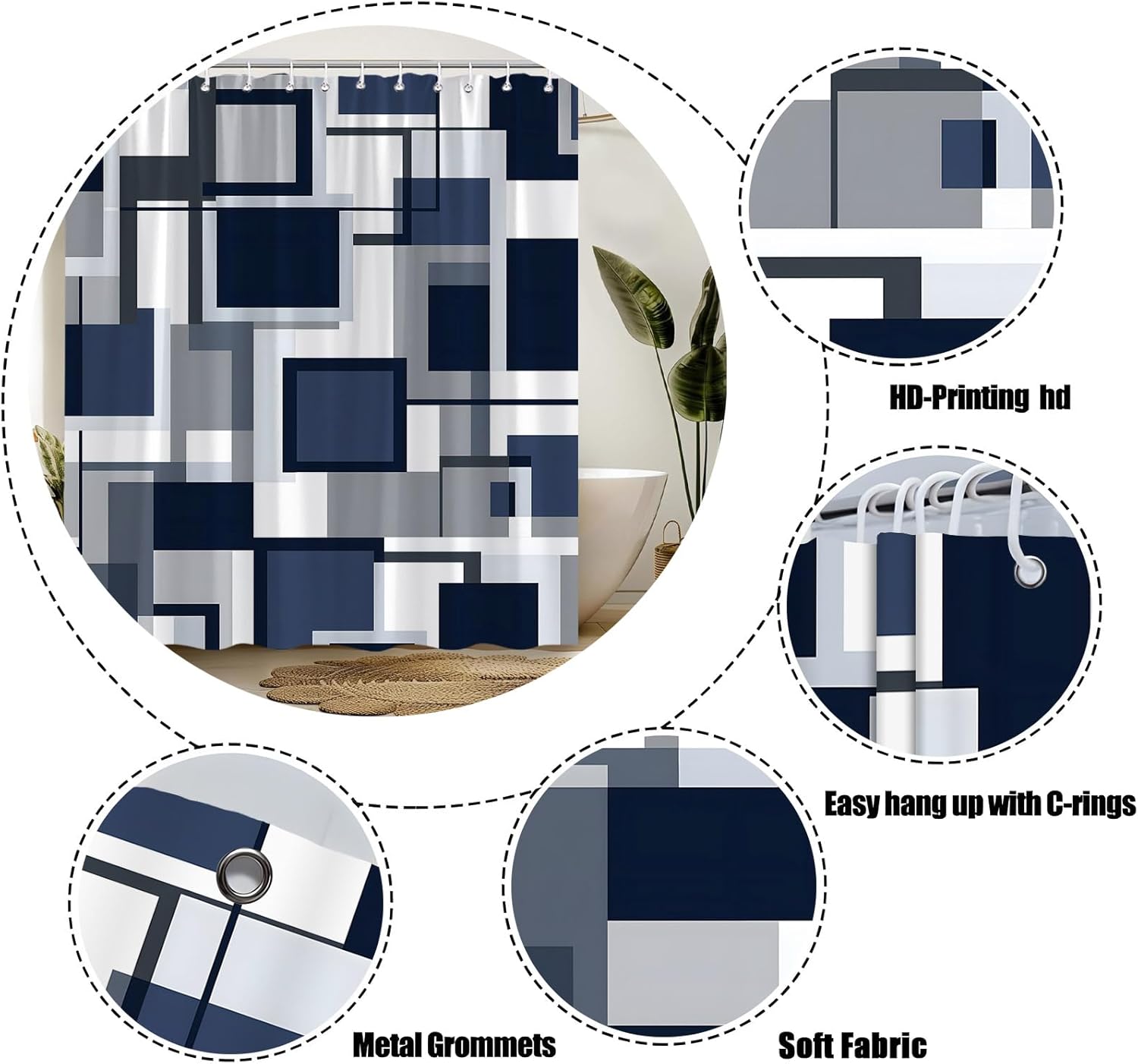 Navy Blue Geometric Shower Curtain White Grey Plaid Morden Abstract Minimalist 70" Wx84 H Fabric Bathroom Decor Curtain with Hooks