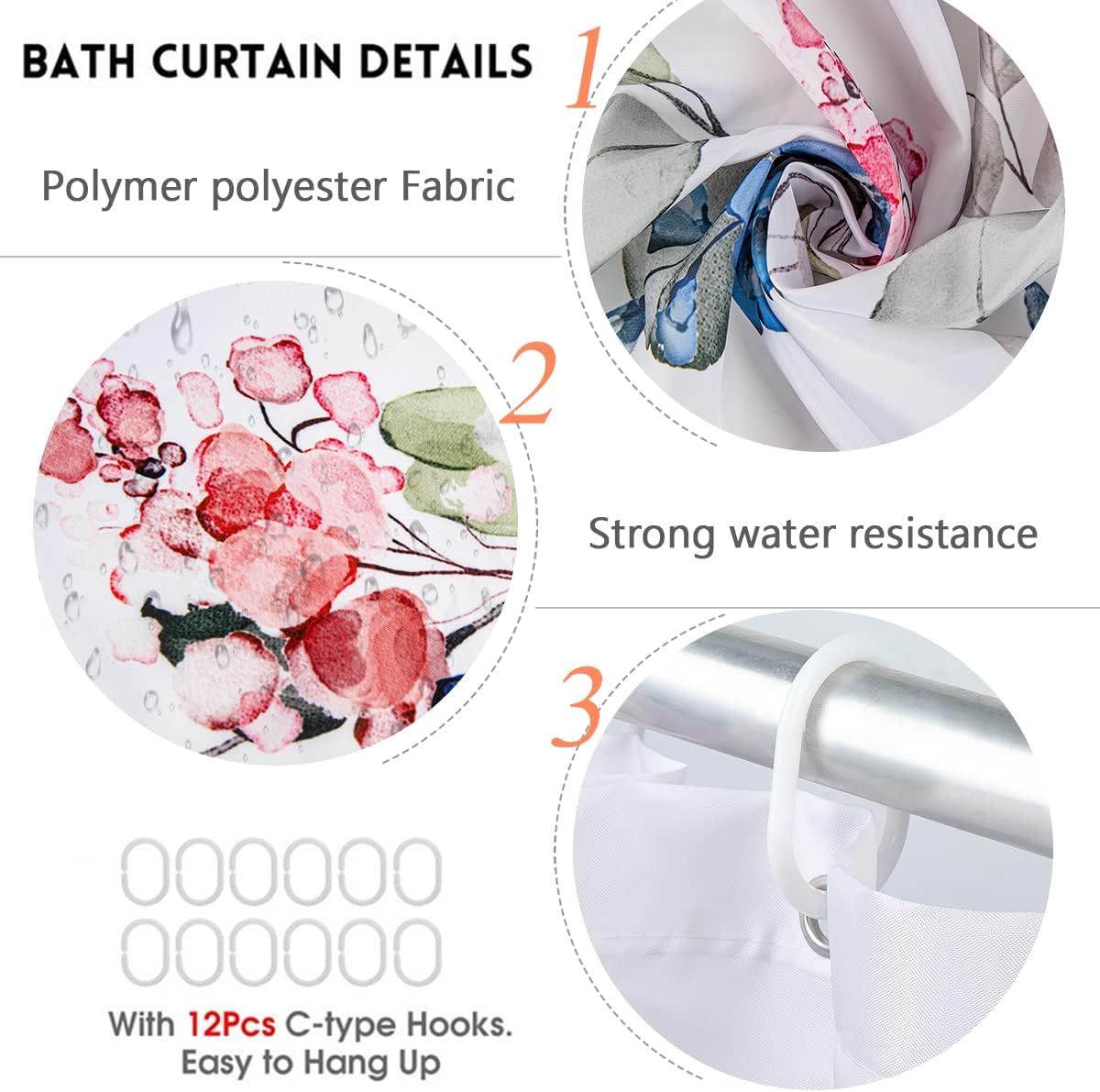 4pcs Shower Curtain Set, Flower Shower Curtain Sets with Non-Slip Rugs, Botanical Nature Shower Curtain Set with Toilet Lid Cover Bath Mats and 12 Hooks for Bathroom(71" X 71", Red)