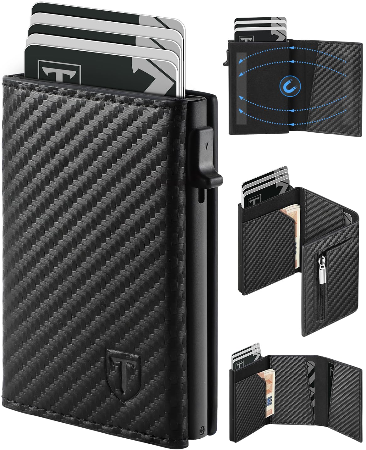 Portefeuille Homme en Fibre de Carbone, Magnétique Porte Carte avec Blocage RFID, Porte Feuille pour Homme avec Compartiment à Billets & Monnaie, Porte-Cartes de Crédit Bancaire (Noir)