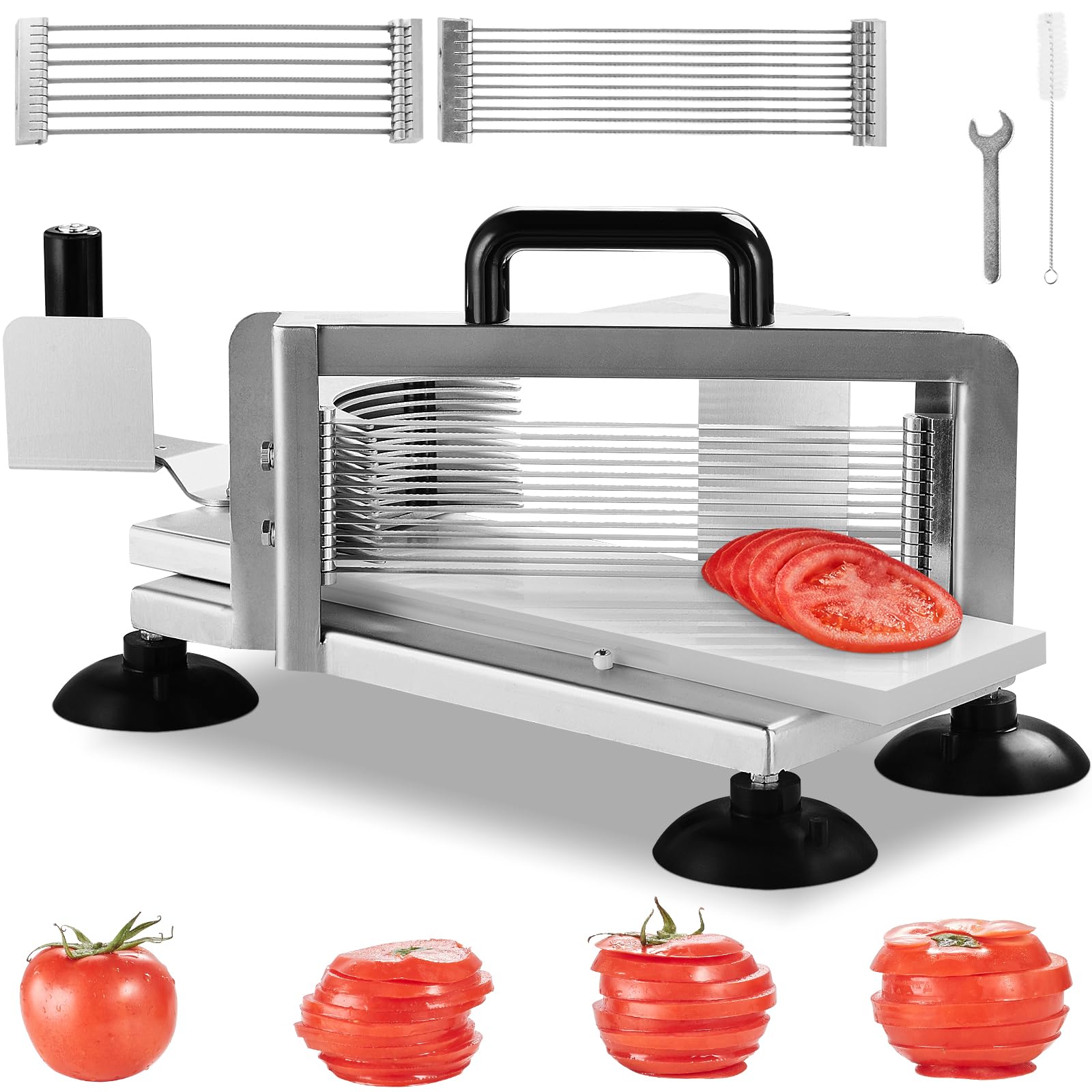 VEVOR Kommerzieller Tomatenschneider, 1/4 Zoll + 3/8 Zoll + 3/16 Zoll Tomatenschneider, Edelstahl, robust, manuell mit rutschfesten Füßen, schneidet Tomaten, Gurken, Bananen
