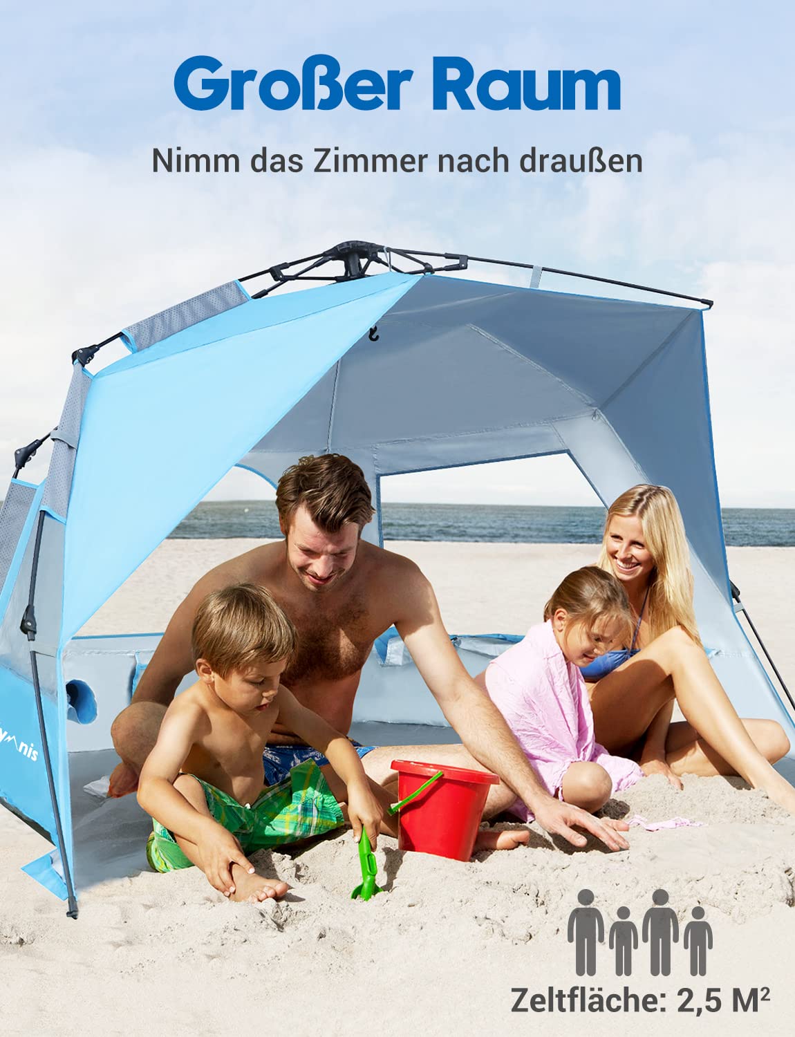 Glymnis Strandmuschel Quick Up Strandzelt Automatisches Strand Zelt UV-Schutz 50+ Windschutz Sonnenschutz mit Quick-Up System kleines Packmaß für 4-5 Personen