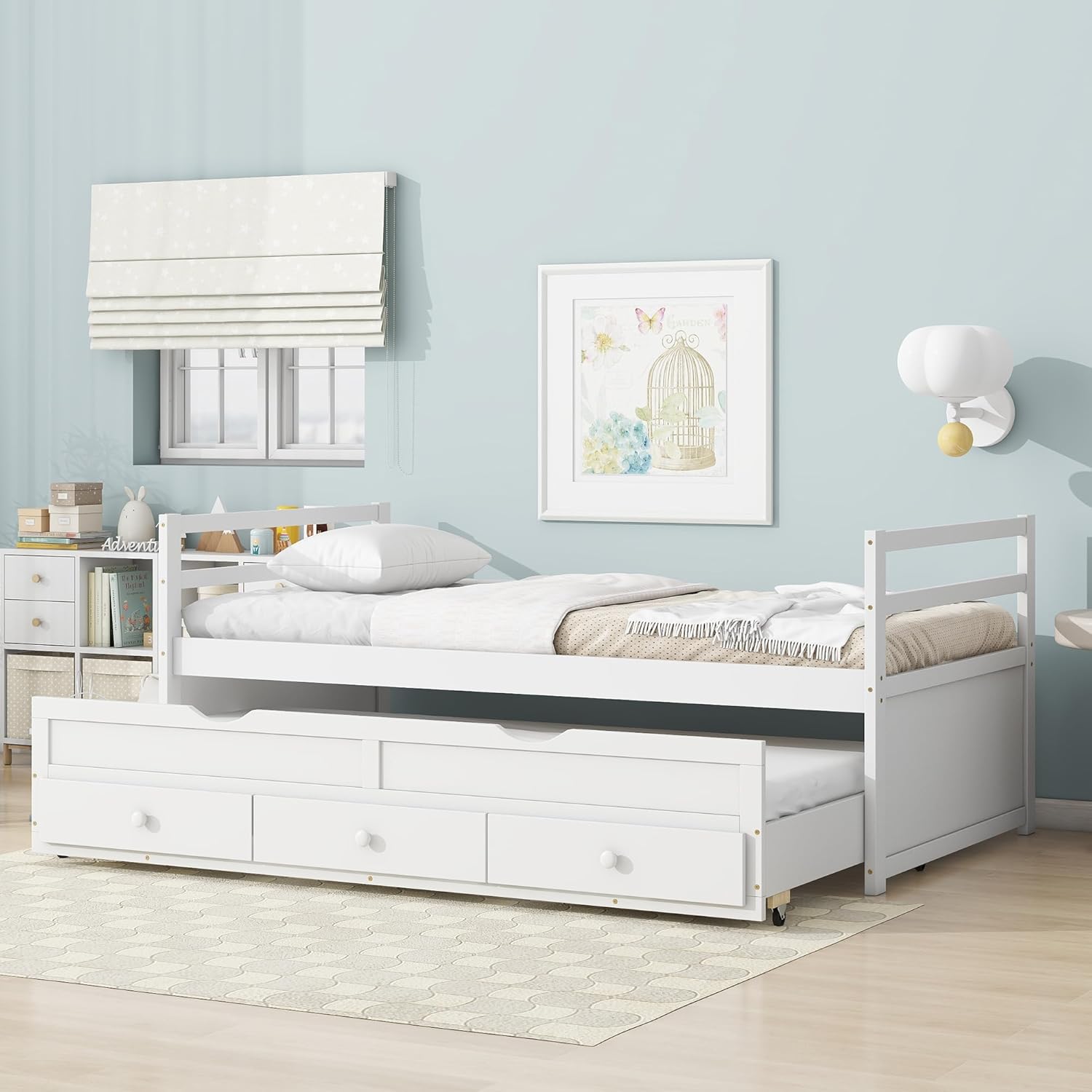 KEIKI Twin Bed Frames w/Trundle & 3 Storage Drawers, Modern Captain's Bed, Pine Platform Corner Bed Frame w/Headboard & Footboard for Living Room, Guest Room, Bedroom, Apartment (White)