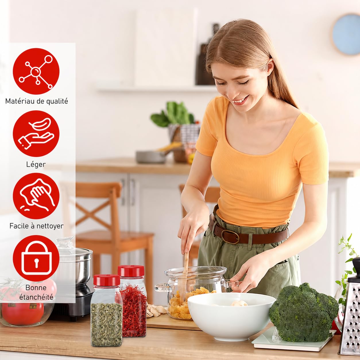 Lot de 28 Pots à Épices en Plastique 500 ml, Couvercles à Double Ouverture | Bocaux à Épices Réutilisables avec Étiquettes pour Sel, Herbes, Poivre, Poudres et Organisation de Cuisine