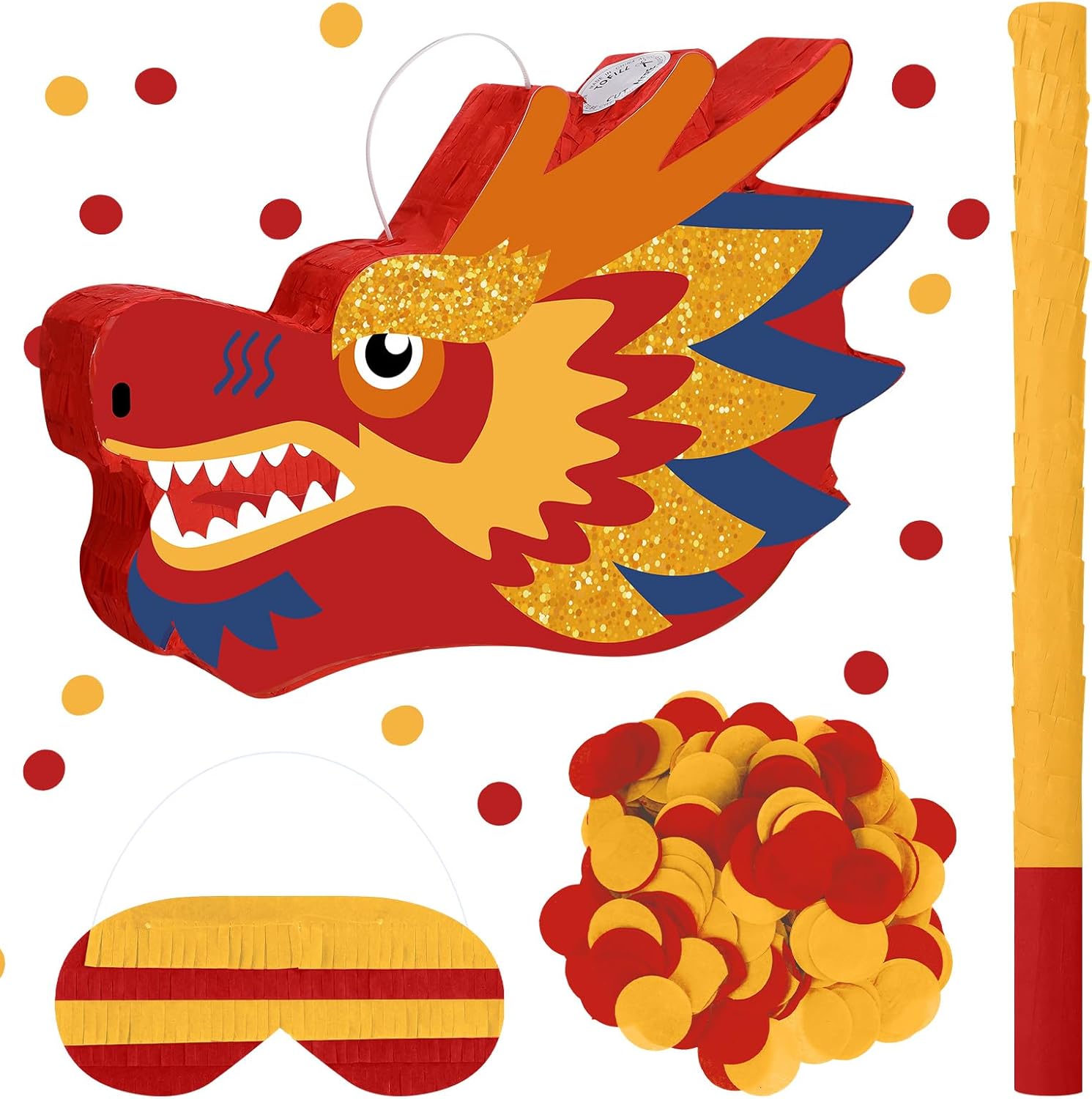 4 Pcs Chinese Dragon Piñata Set included Large Dragon Head Piñata with Stick, Blindfold & Confetti, Vibrant Paper Piñata for Chinese New Year, Birthday Party Decorations