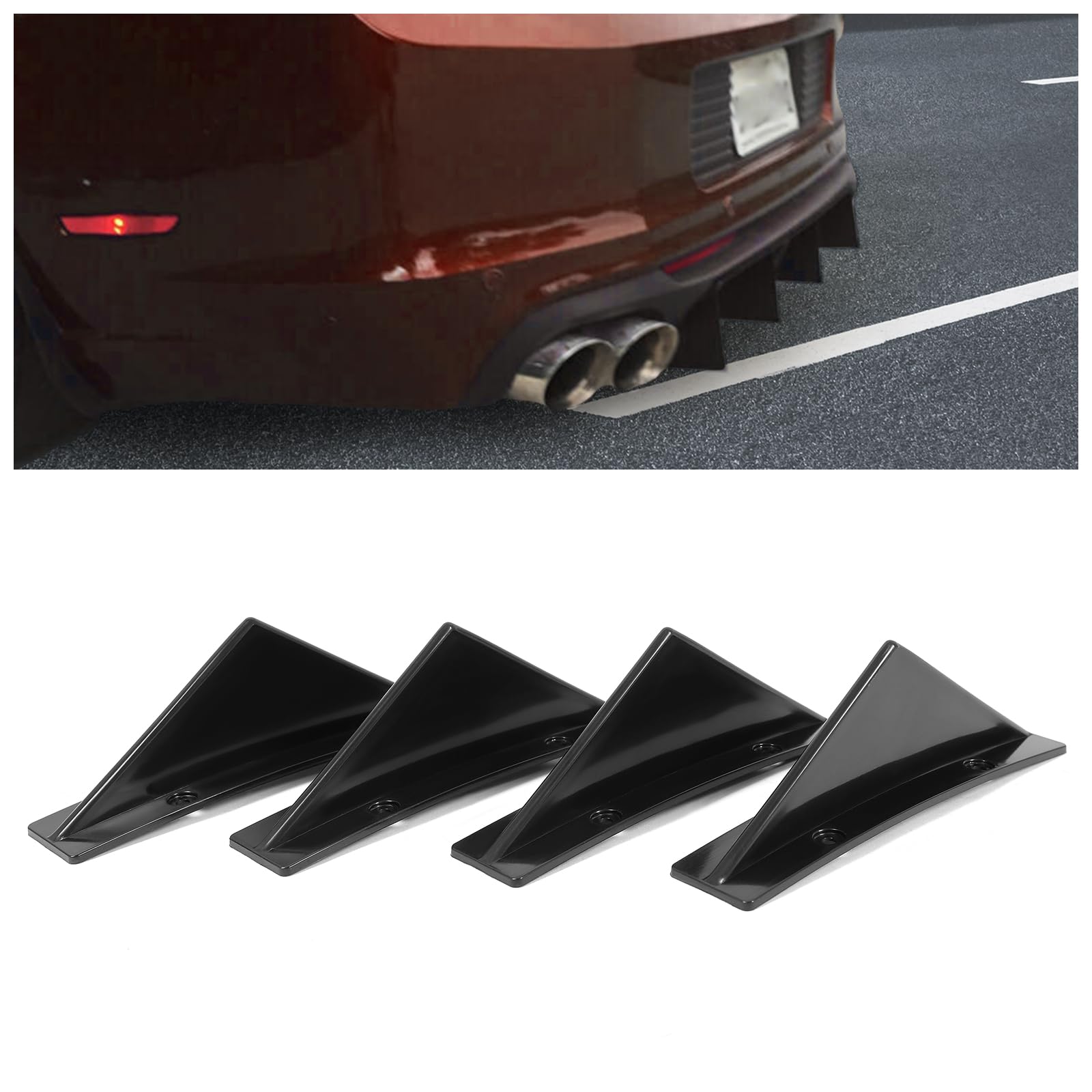 KUAFU 4Pcs Universal Rear Bumper Lip Splitter Diffuser Shark Fins Spoiler Trim Covers Decoration Set ABS Plastic Black
