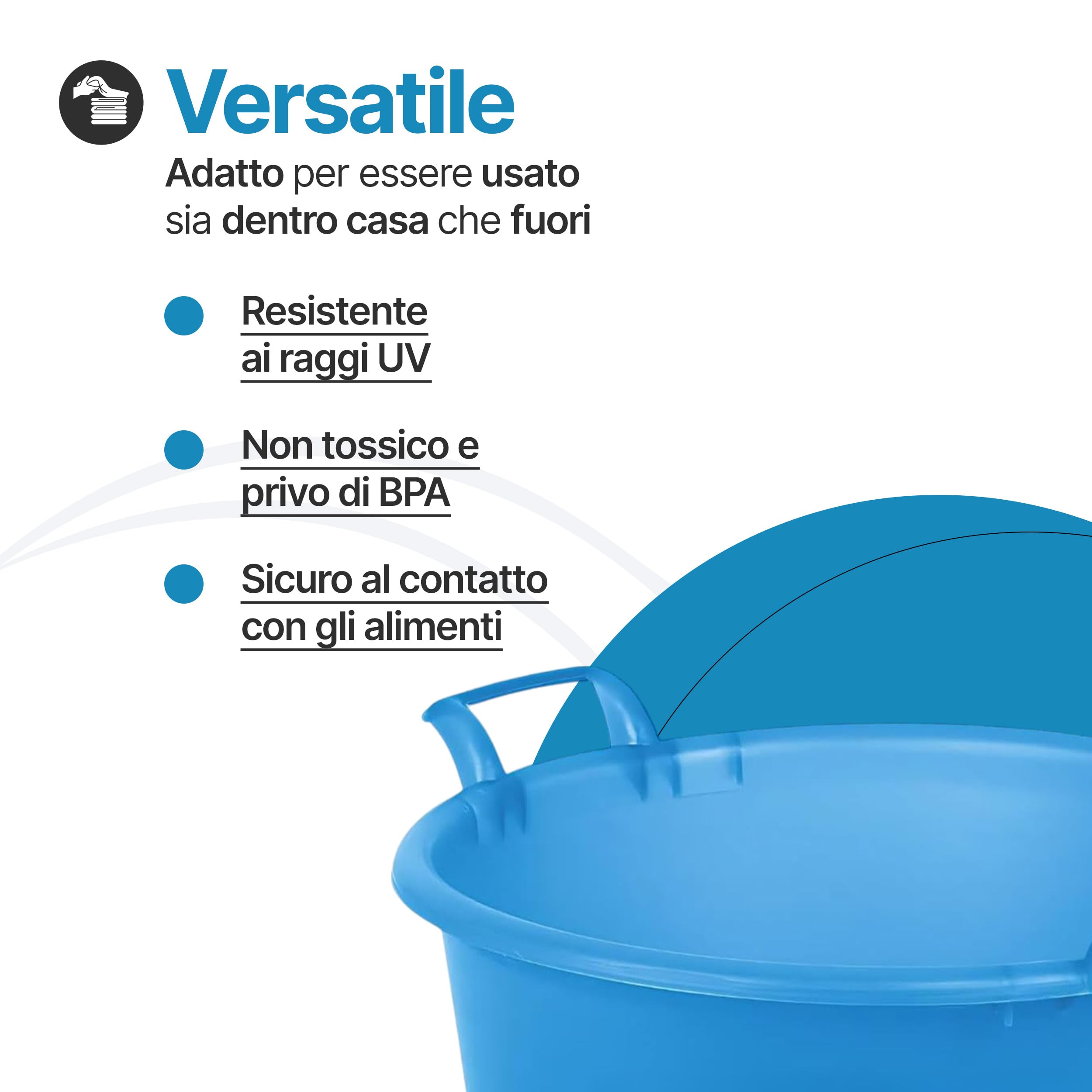 TOMAINO - Bacinella Bucato in Plastica Rigida Tonda - Contenitore Portabiancheria Multiuso per Casa, Lavaggio Panni e Cane - Catino per Bucato 30 lt Ø 52 cm