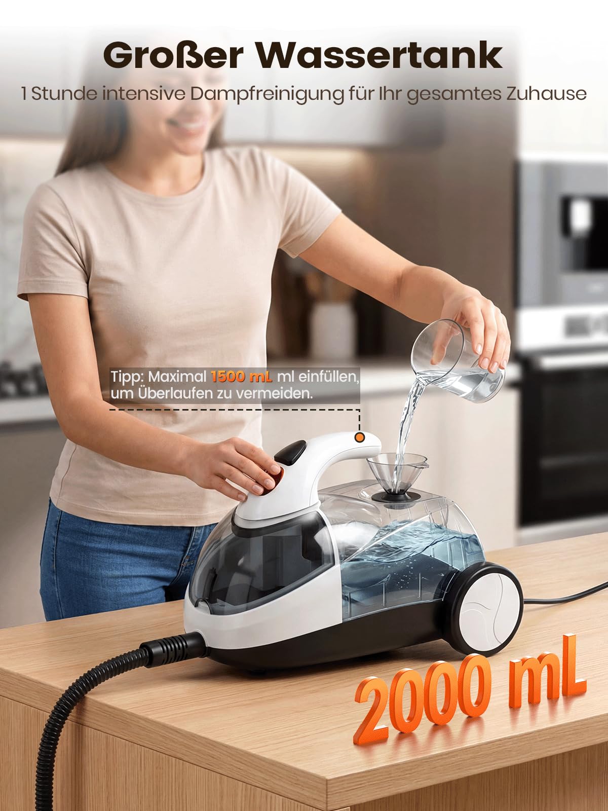 Dampfreiniger für Alles, 2000W mit 2L Tank, 16 Zubehörteilen, Weiß | Multifunktionaler Haushaltsreiniger 135°C Heißdampf, 60 Min Dampf, 5,3 m Reichweite, für Bad, Fliesen, Fugen, Sofa und Auto