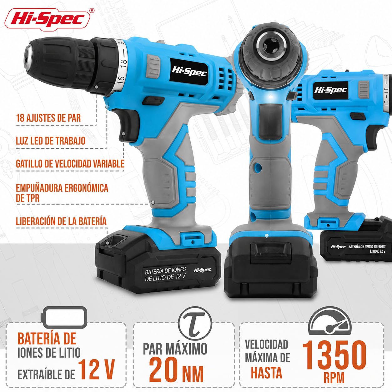Hi-Spec Taladro Atornillador Destornillador Inalámbrico Azul de 12V Batería de 1300mAh hasta 20Nm, Velocidad Variable y Luz Led. con Maletín Estuche de 46 Puntas Brocas y Accesorios de Bricolaje.