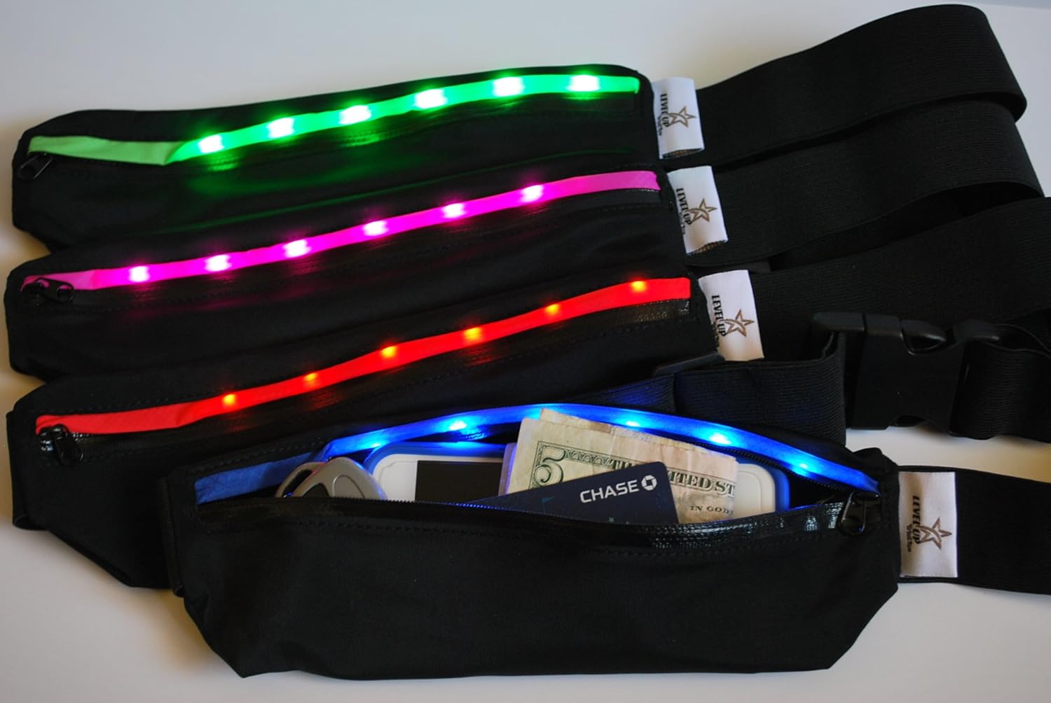 LED Light Running Workout Belt - Fits most big phones, Iphone 6plus, Samsung, LG, HTC. Great for hiking, running, walking, gym, treadmil, Yoga. Sweat Resistant (Blue)