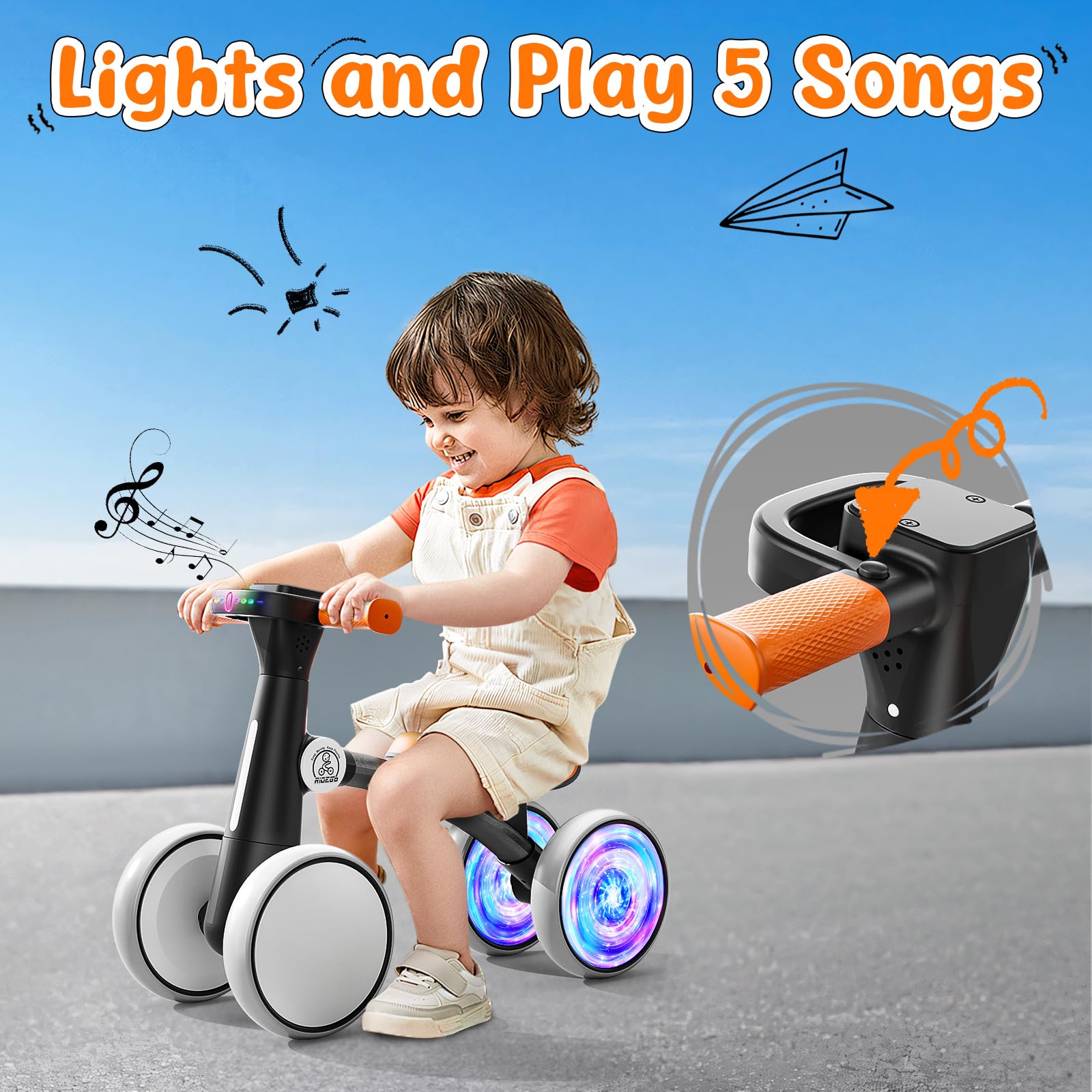 Ridego Colorful Lighting Baby Balance Bike Toys for 1 Year Old Boys Girls,12-24 Month Toddler Balance Bike with Music and Soft Seat, Toddler First Ride on Toys for 12-24 Months Birthday Gifts.