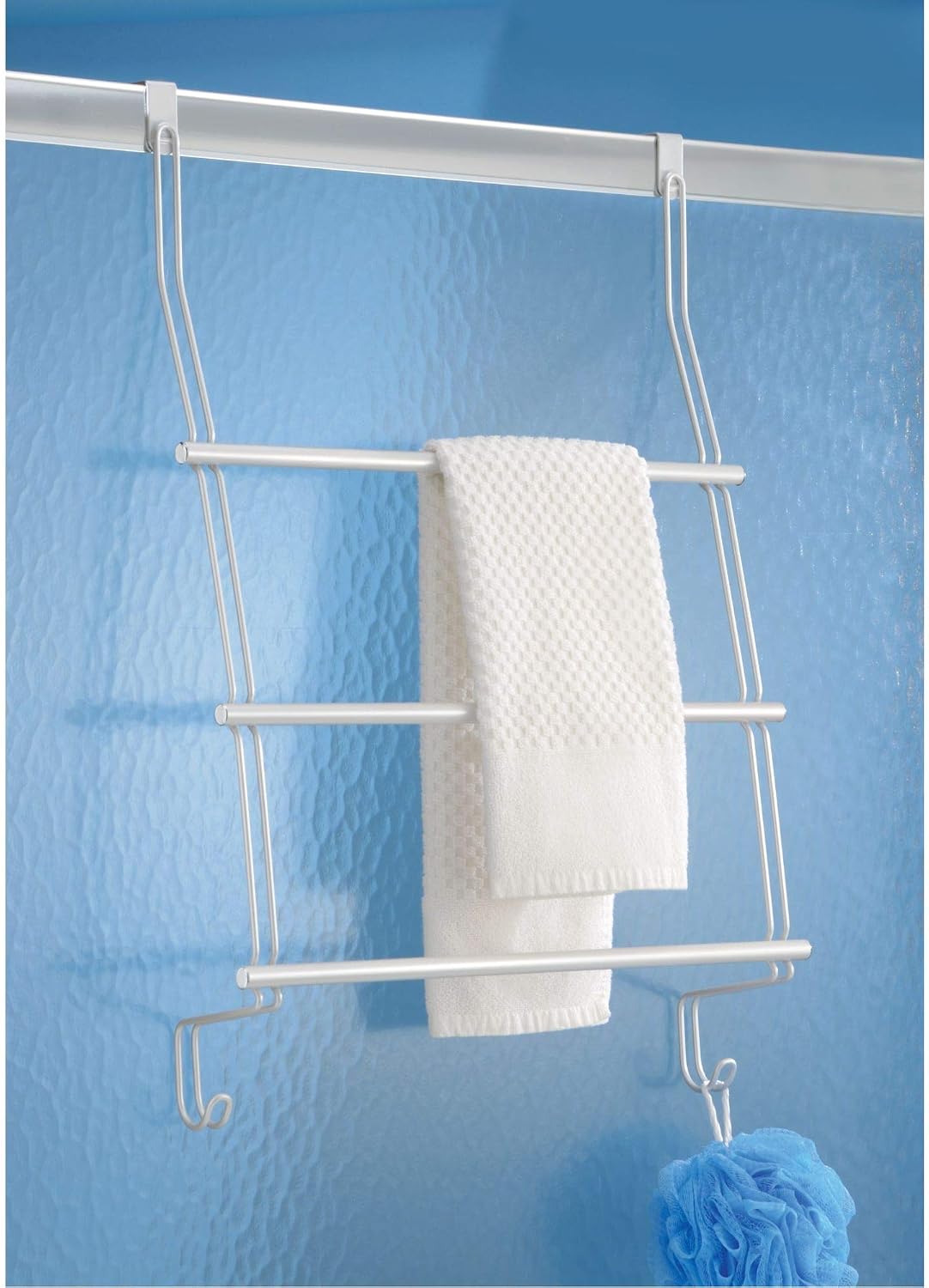 iDesign Classico Over the Door Towel Rack with Hooks for Bathroom - Pearl White