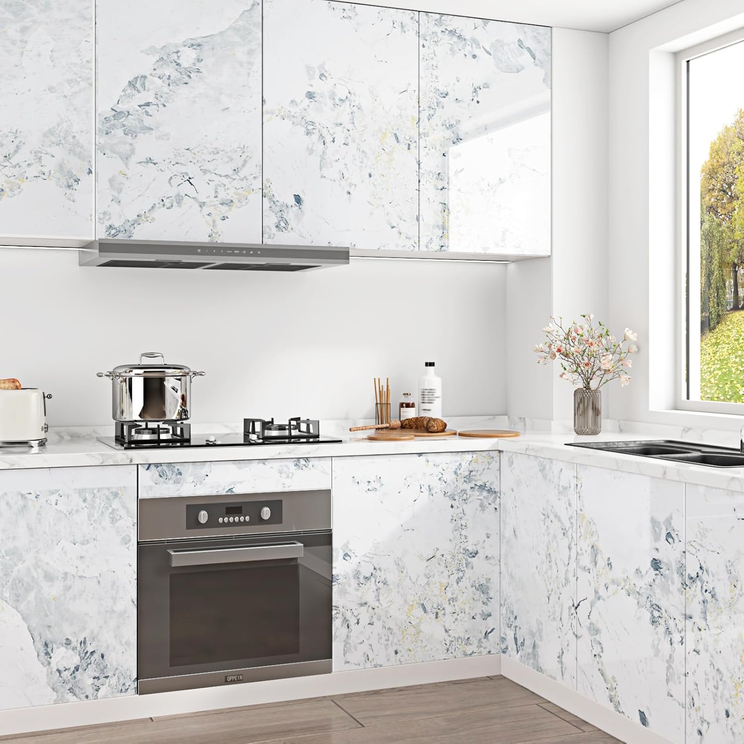 WESTICK Blue White Marble Contact Paper for Countertops Waterproof Kitchen Countertop Peel and Stick Glossy Marble Wallpaper White Granite Countertop Contact Paper for Table Bathroom Vinyl 15.8"x80"