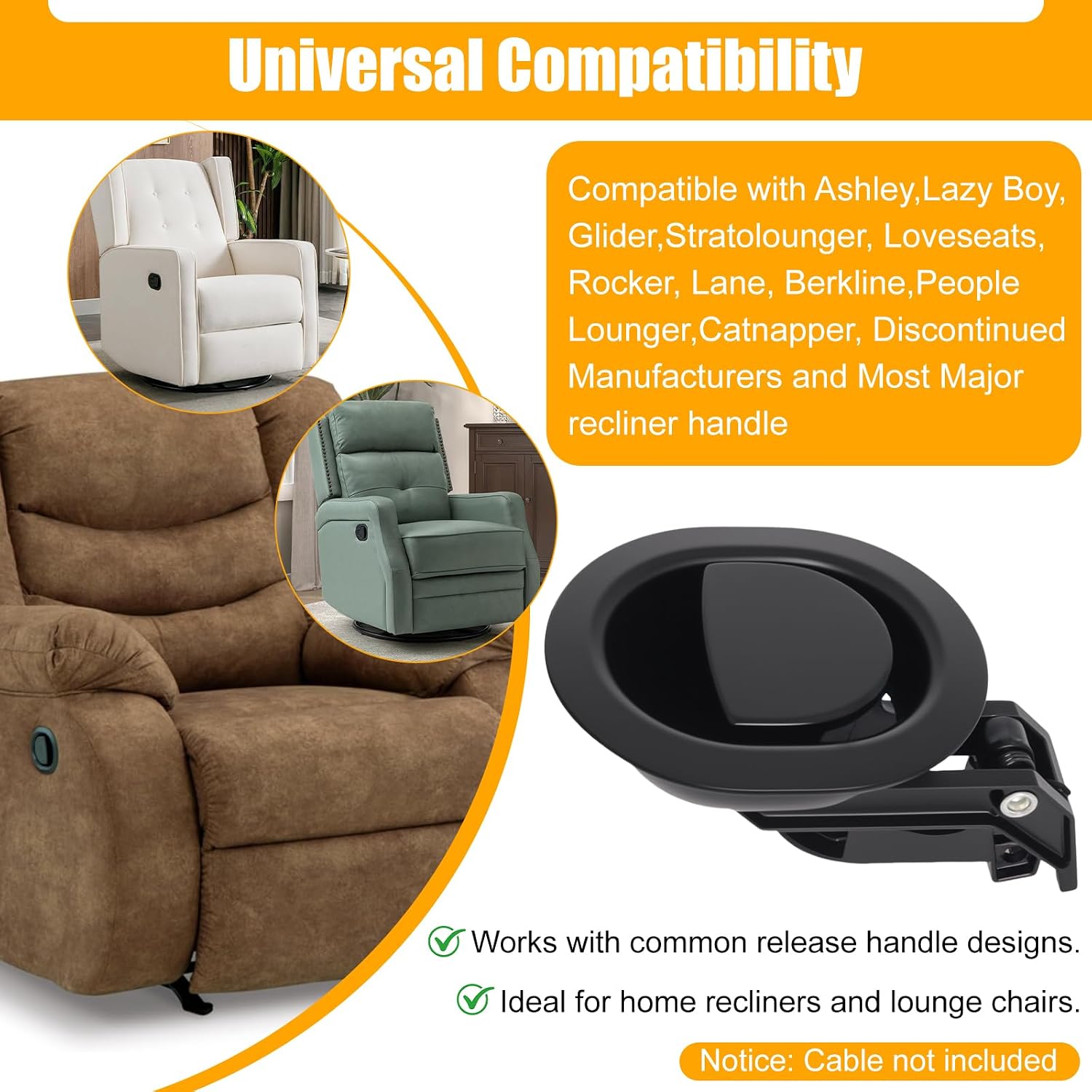 Podoy 2Pcs Universal All-Metal Recliner Pull Handle Replacement Parts,Recliner Pull Cable Release Compatible with Lazy Boy Ashley and Most Furniture Sofa Chair, Couch Release Handle Size 3" by 3.5"