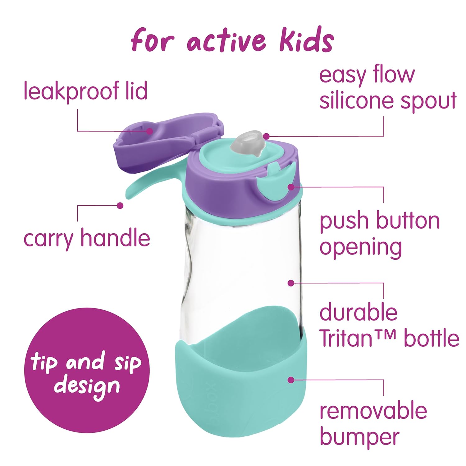 b.box 15oz Sport Spout Kids Water Bottle for School, Sports, Daycare - No-Straw Design for Easy Cleaning - Leakproof - Ergonomic Triangle Grip - Dishwasher Safe, BPA Free, PFAS Free - Lilac Pop - Image 3