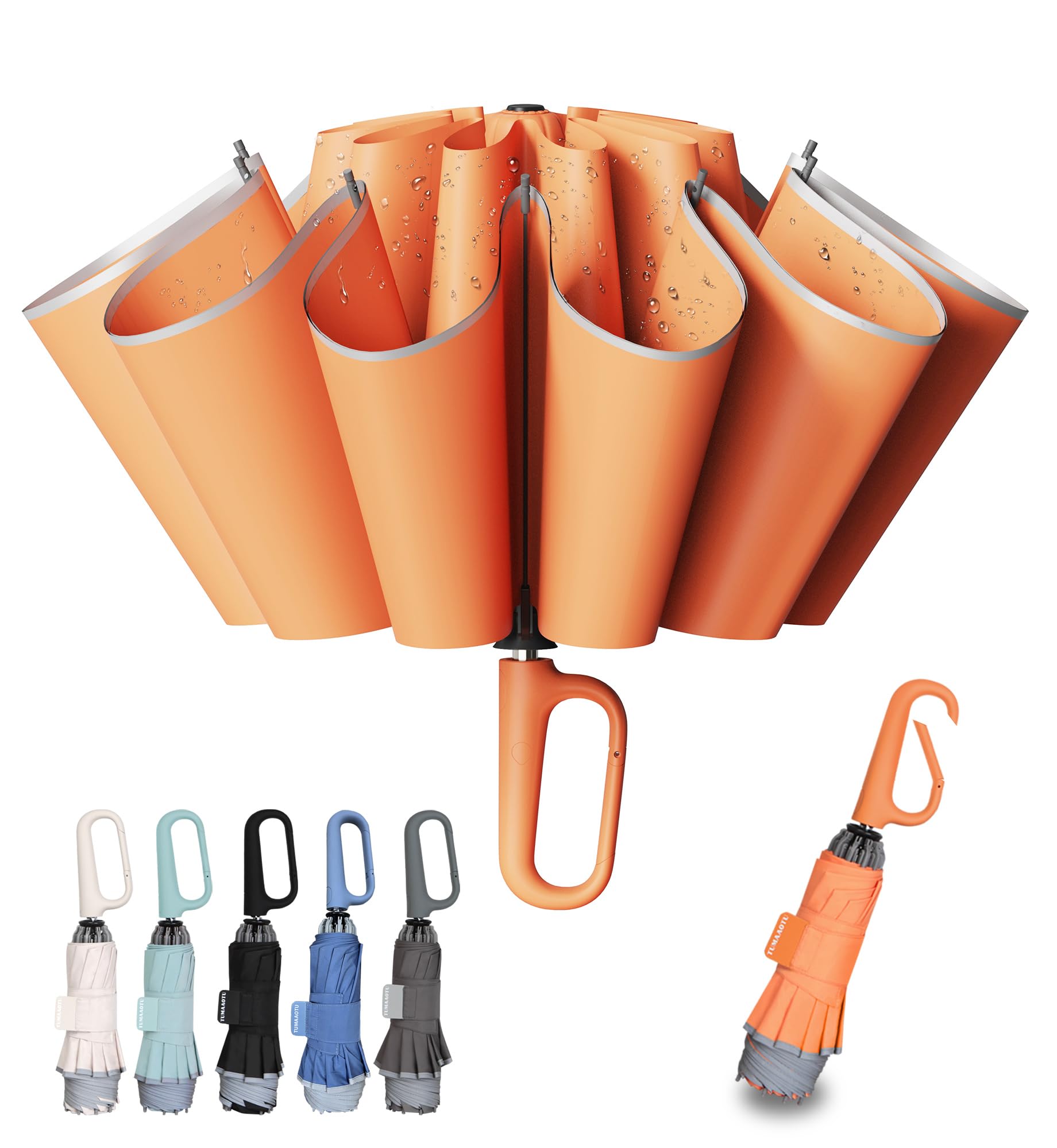 TUMAAOTU Compact Inverted Umbrella with Never Forget Carabiner Handle - Travel Umbrella Windproof Strong, Reverse Umbrellas for wind rain, Auto Open Close, 10 Rib Durable Frame for Women Men (Orange)