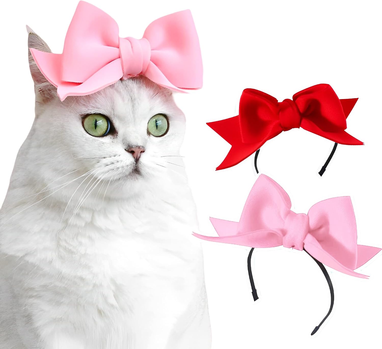2Pack Pet Cute Bow Headbands Stretchy Handmade Bow Headband for Dog Cat Puppy Bathroom Apparel Birthday Party Wedding Xmas New Year Valentines Day Costume Photo Prop(Pink, Red)