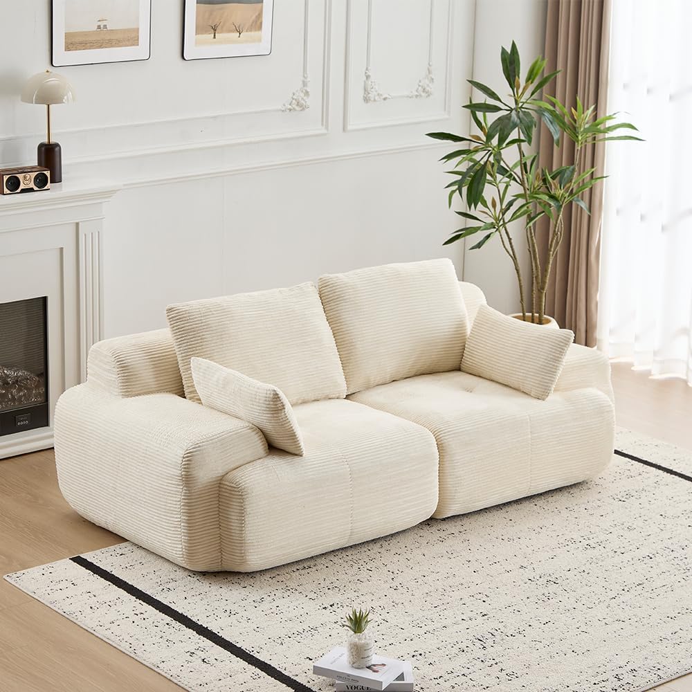 WILLIAMSPACE 84.25" Sectional Sofa Loveseat Couch for Living Room, Modern Upholstered Foam Compressed 2 Seater Sofa, Modular Extra Deep Cloud Couch for Apartment, Corduroy Fabric, No Assembly - Beige