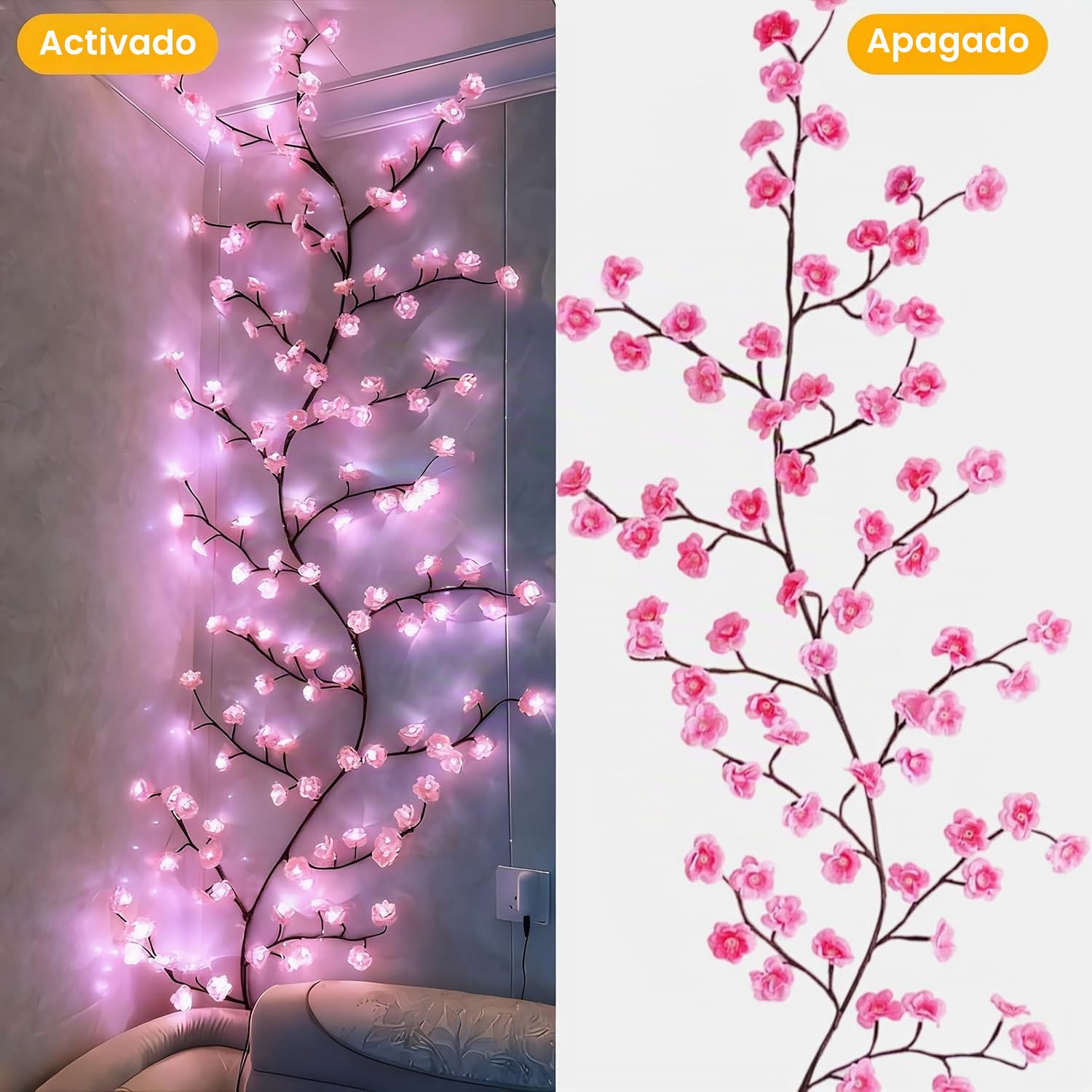 Guirnalda de flores de cerezo con 144 LED, alimentación USB para pared | Luces decorativas con mando a distancia, 8 modos de iluminación, para paredes de dormitorios, salones y fiestas