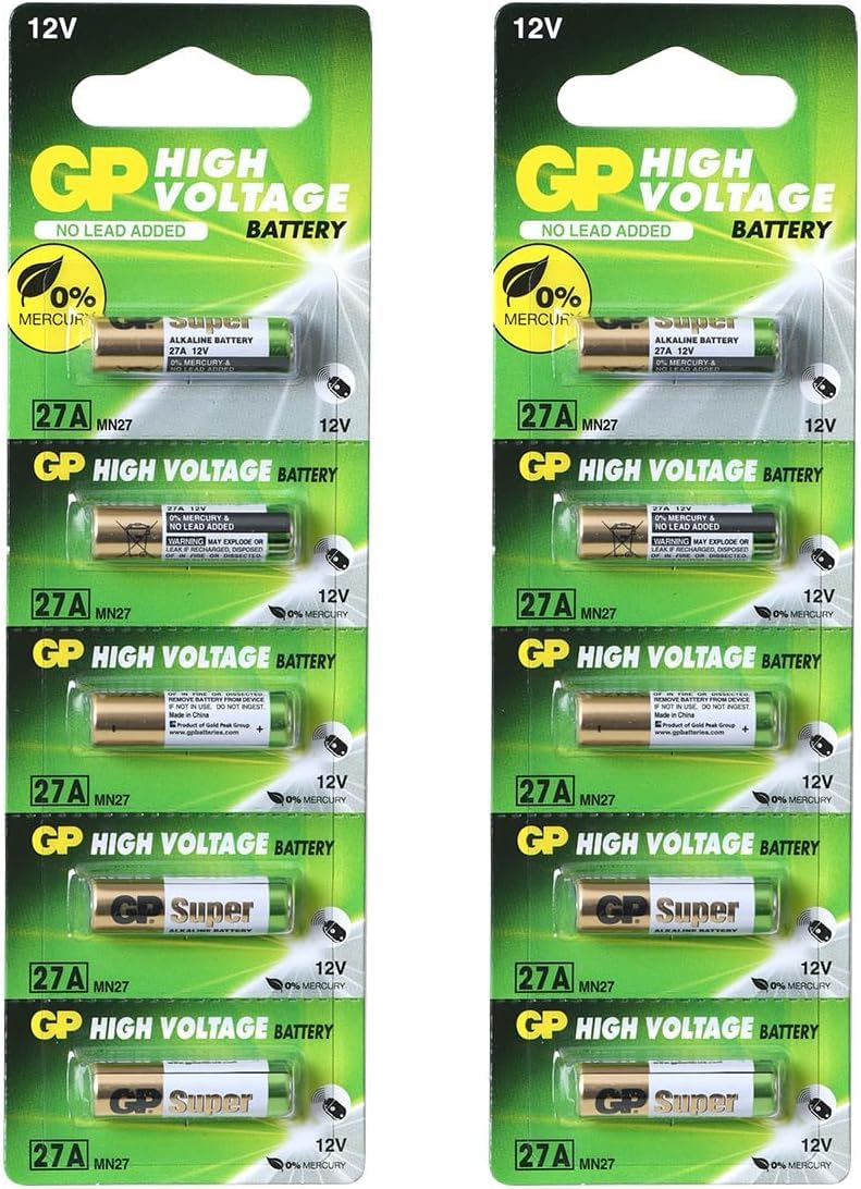 GP 27A 12V High Voltage Alkaline Battery 10-Pack | Long-Lasting MN27 A27 Replacement Cells for Remote Controls, Car Key Fobs, Doorbells, Toys & Electronic Devices | Non-Rechargeable Leak-Proof Design
