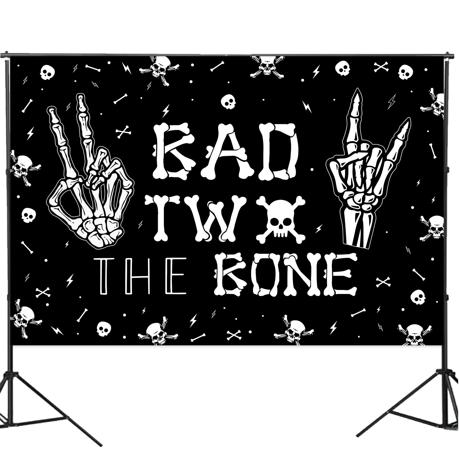 "Bad Two The Bone" Skeleton Backdrop Banner - 7x5 Ft, Rock & Roll 2nd Birthday Party Decor - View #2