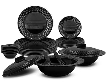 Kitchen Black Melamine Unbreakable Dinner Set Collection Plates Bowl and Spoons (22 Pieces, Black)