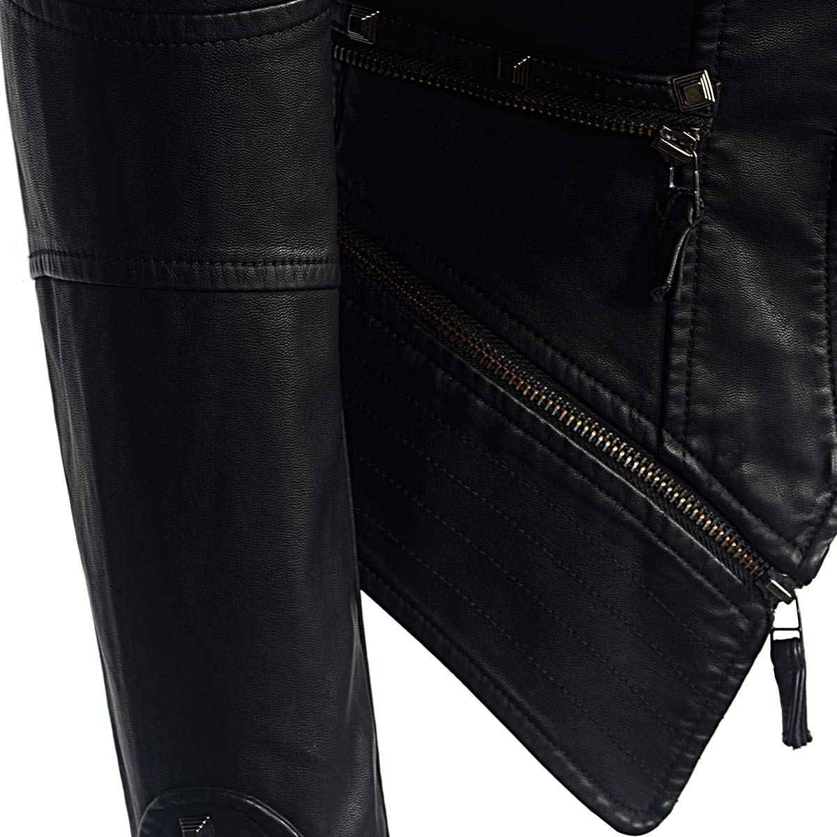 DISSA Veste moto femme en simili cuir Clous Corset Zip | Épaules cloutées, zip asym, zips taille, ourlet pointu, poignets zippés. Veste cloutée, manteau corset