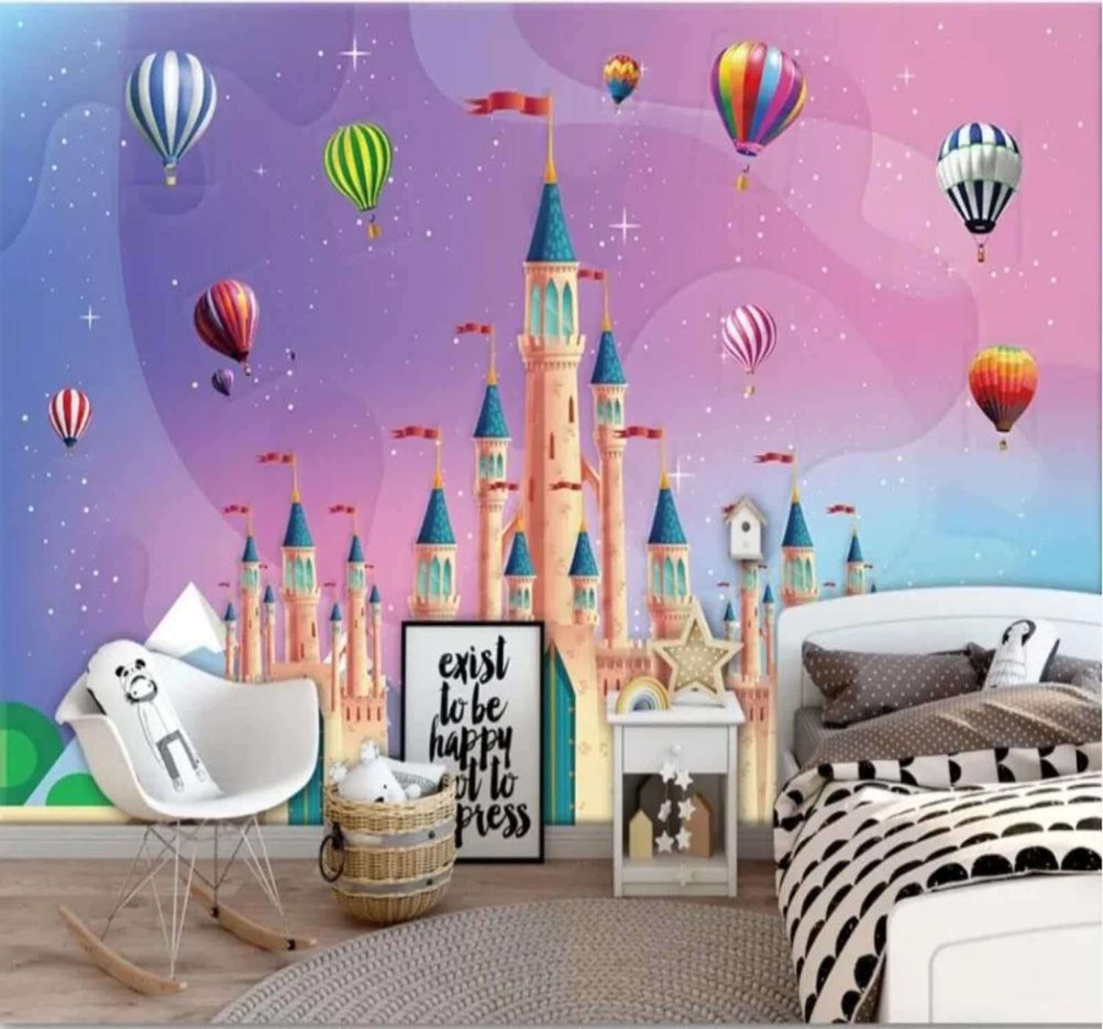Tzxztt 350Cm×256Cm(B×H) Minimalist Hand Drawn Classic Beautiful Castle Balloons Modern 3D Wallpaper Premium Textured Silk Neutral Tones Material Ideal For Living Room Bedroom-350Cm×256Cm