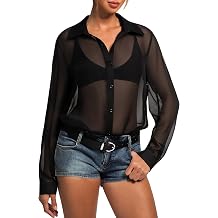 Women Long Sleeve Mesh Top See Through Sheer Top Button Up Oversized Shirts Blouse Going Out Tops