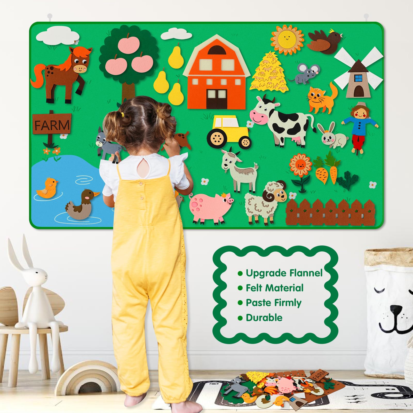 Farm Animals Felt Board Story Set for Toddlers Aged 1-3, Preschool Learning Activity Kit with Sewn Hook Fasteners, Interactive Sensory Toys for Boys and Girls Birthday Gift - 4ft Flannel, 43 Pieces