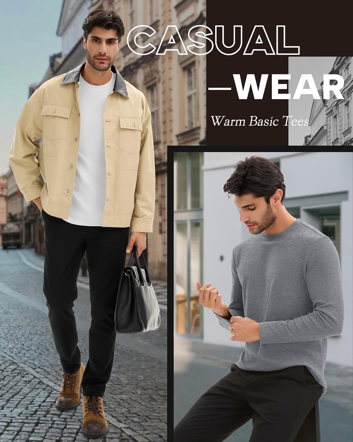 5 Pcs Men's Long Sleeve Thermal Shirts Crew Neck Casual Fleece Tops Soft Pullover Sweatshirts Warm Basic Tees