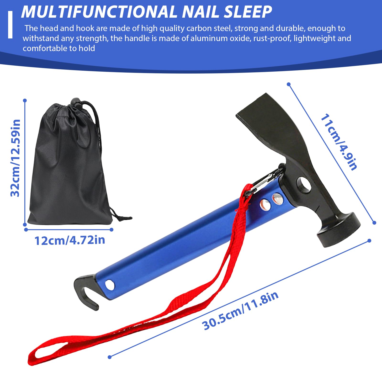 Marteau de camping 30,5 cm, marteau de camping avec crochet et mini-pioche, marteau en aluminium, marteau multifonctionnel pour piquets de tente avec sac de rangement (Bleu)
