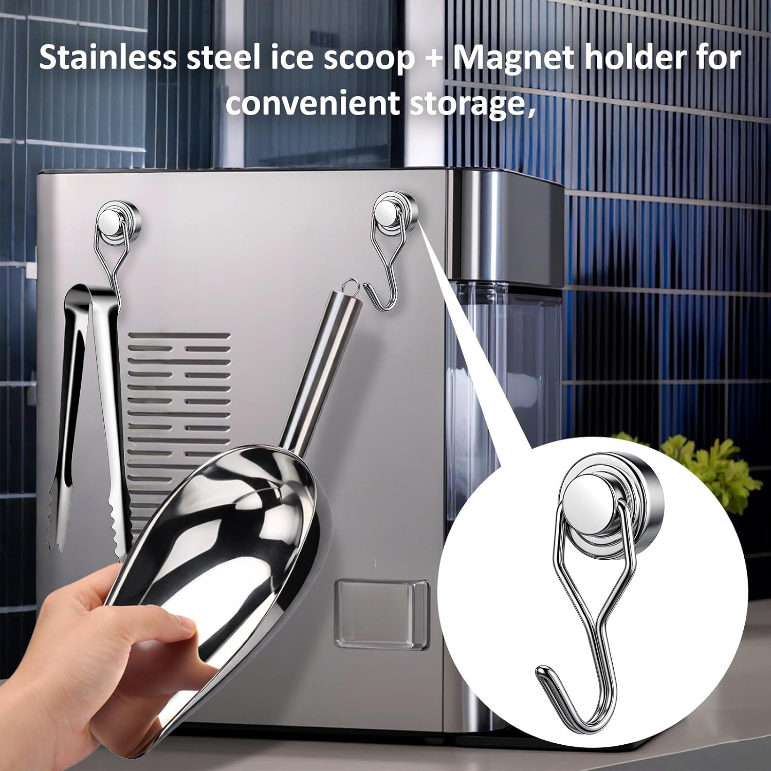 Juome 18oz Stainless Steel Ice Scoop for Freezer with Magnetic Holder
