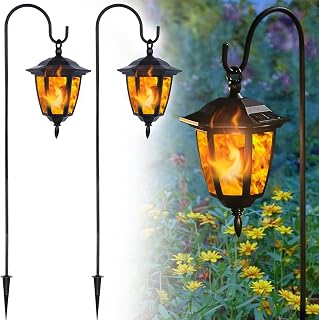 Dynaming 2-Pack Solar Flickering Flame Lanterns with 38" Shepherd Hooks - Outdoor Halloween Christmas Garden Lights for Patio Yard Pathway