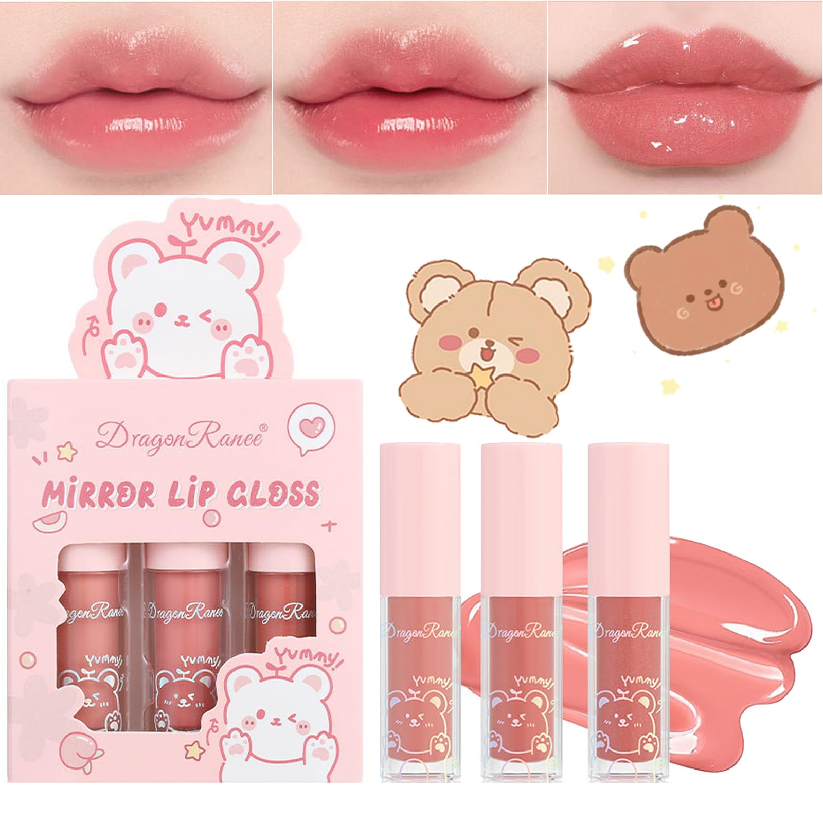 Lip Gloss Set,3PC Tinted Lip Balm Lip Oil Hydrating Non-Sticky Lip Glow Oil Lip Plumper Mirror Gloss Lip Stain, Moisturizing Cute Lipgloss Set Gift For Teenage Girl