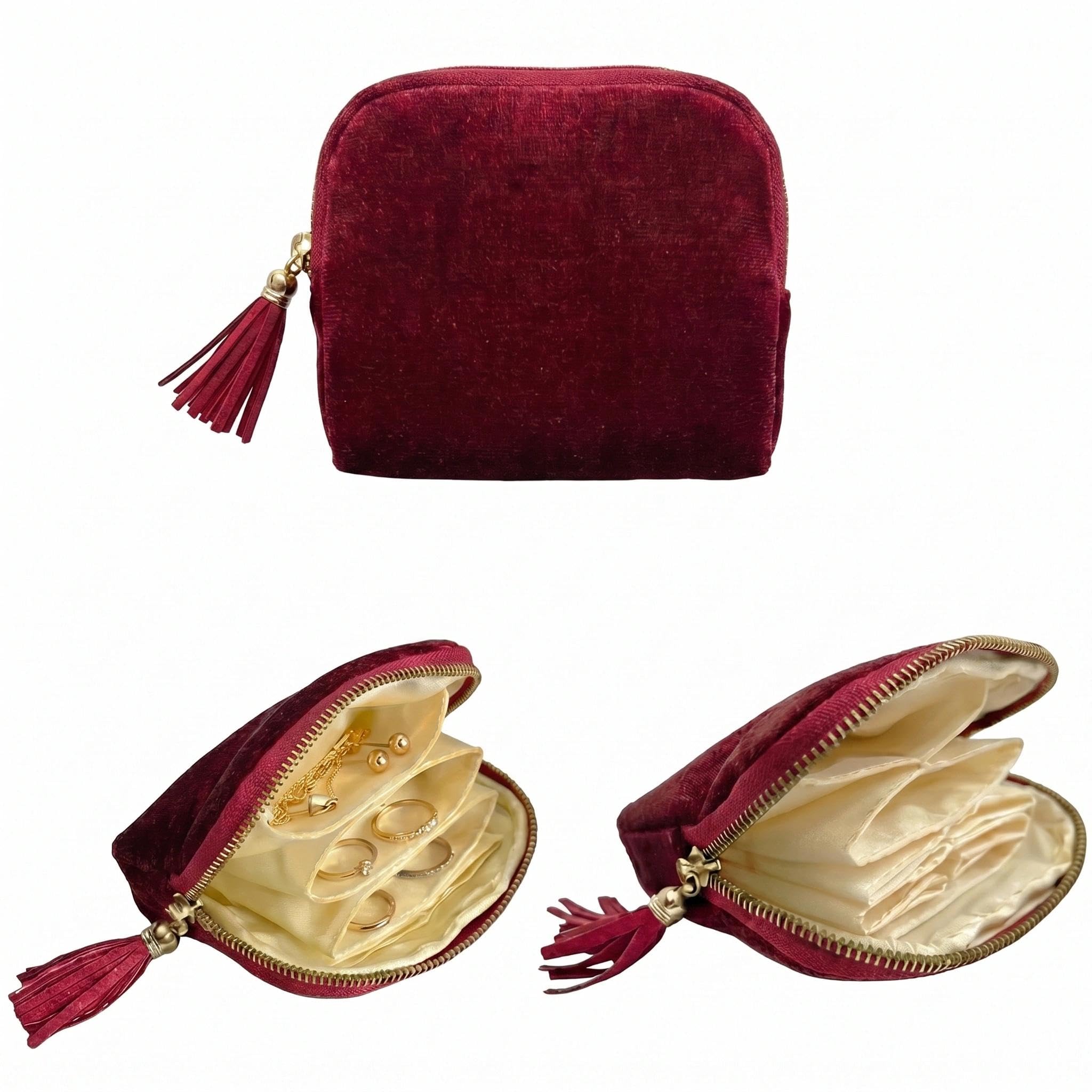 TXTIGER Samt Schmuckkästchen, 5-lagiges Reise Schmuckkästchen für Damen, Tragbarer Schmuckaufbewahrung für Ohrringe, Armbänder, Ringe, Halsketten, Schmucktasche für Reisen und Alltag (Burgunderrot)