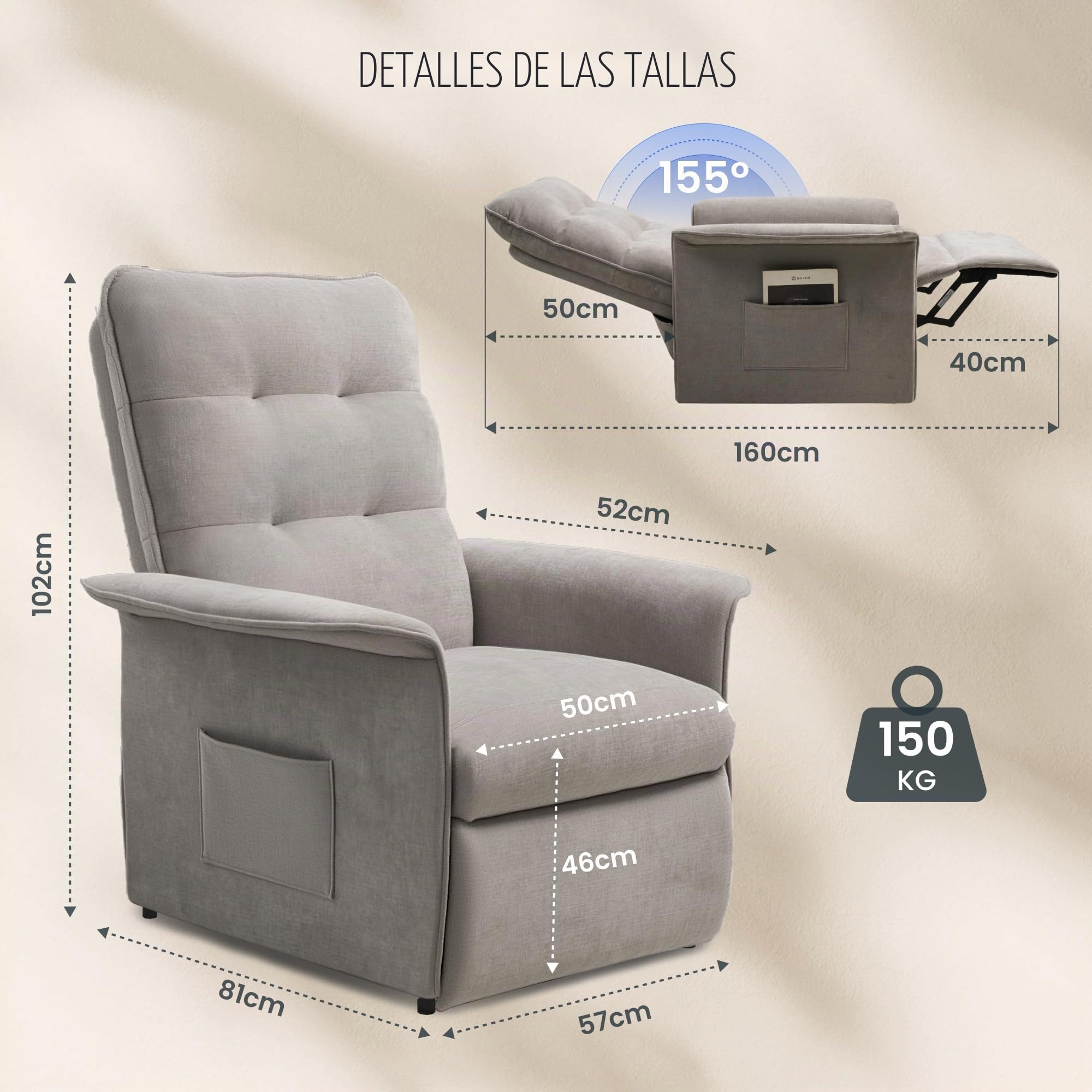 FLEXISPOT Sillón de Relax Eléctrico con Respaldo Ajustable, Reclinable de 105° a 155°, Sillon Reclinable, Sofá Relax Ergonómico Sillón para Dormitorio, Salón y Cine en casa (Gris)